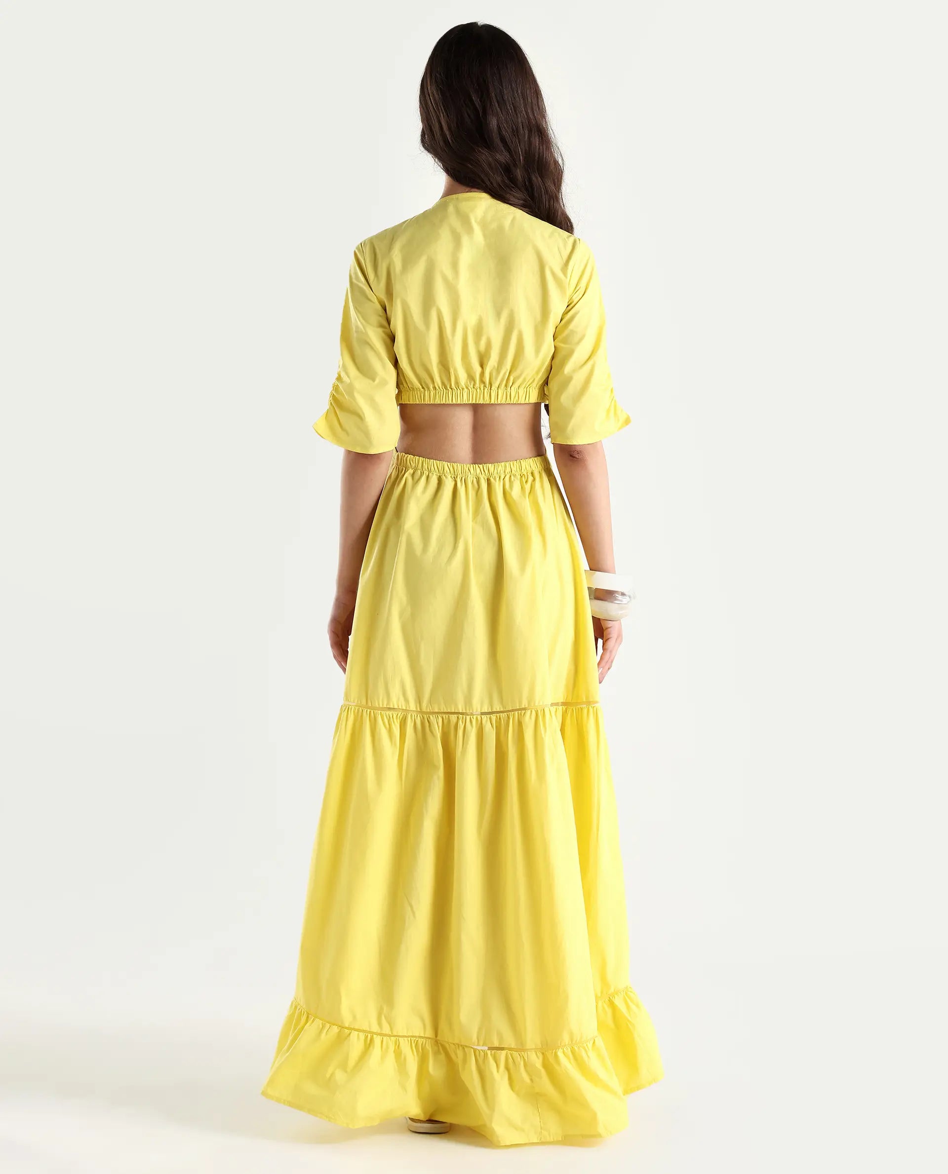 Rareism Women's Lesman Yellow Cotton V-Neck Plain Puff Sleeves Maxi Fit And Flare Dress