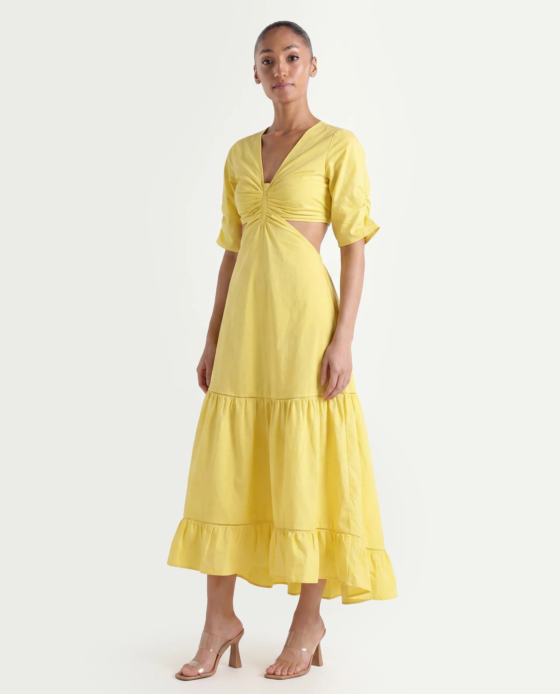 Rareism Women's Lesman Yellow Cotton V-Neck Plain Puff Sleeves Maxi Fit And Flare Dress