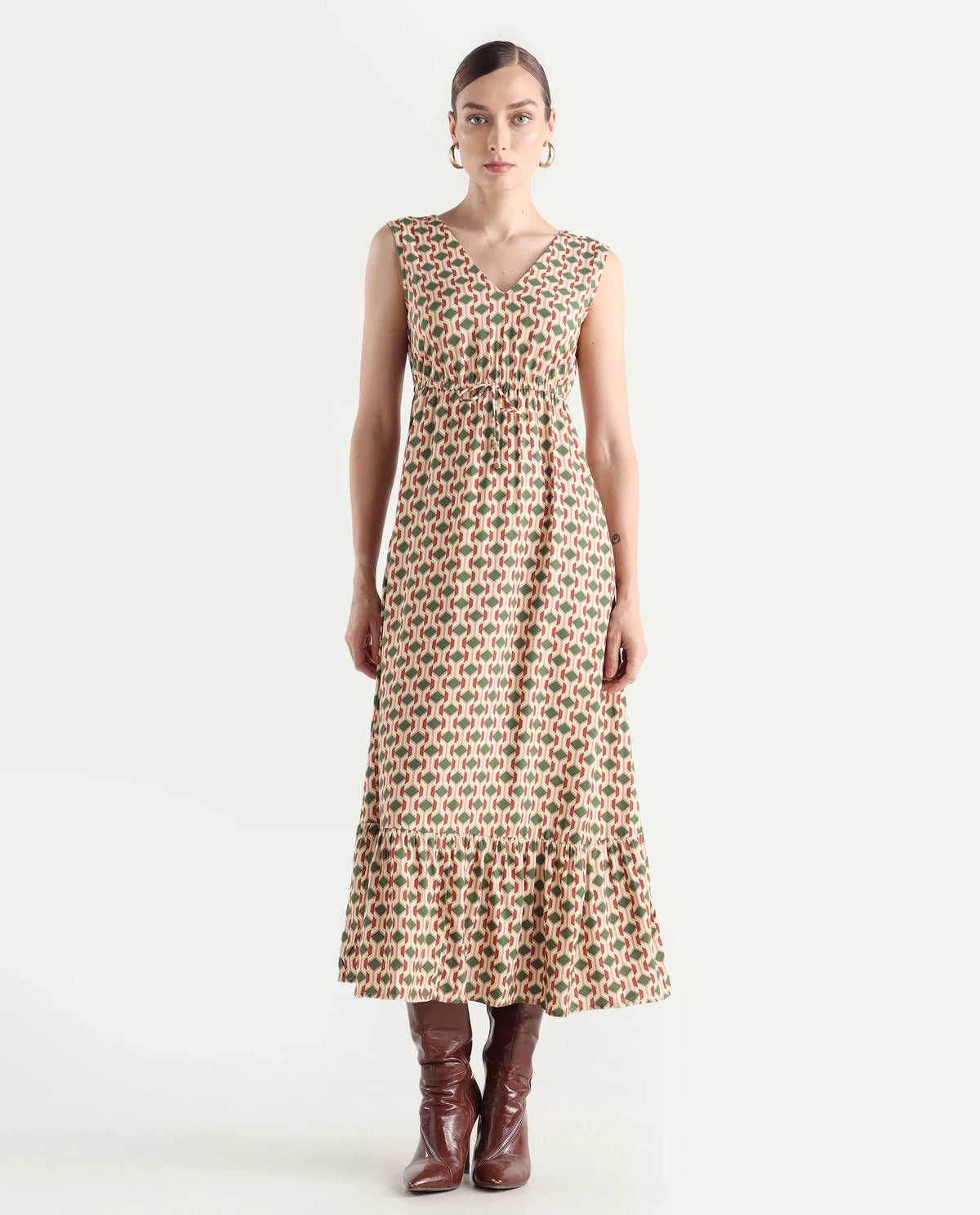 Rareism Women's Braytown Multi Viscose V-Neck Geometric Print Sleeveless Maxi Fit And Flare Dress
