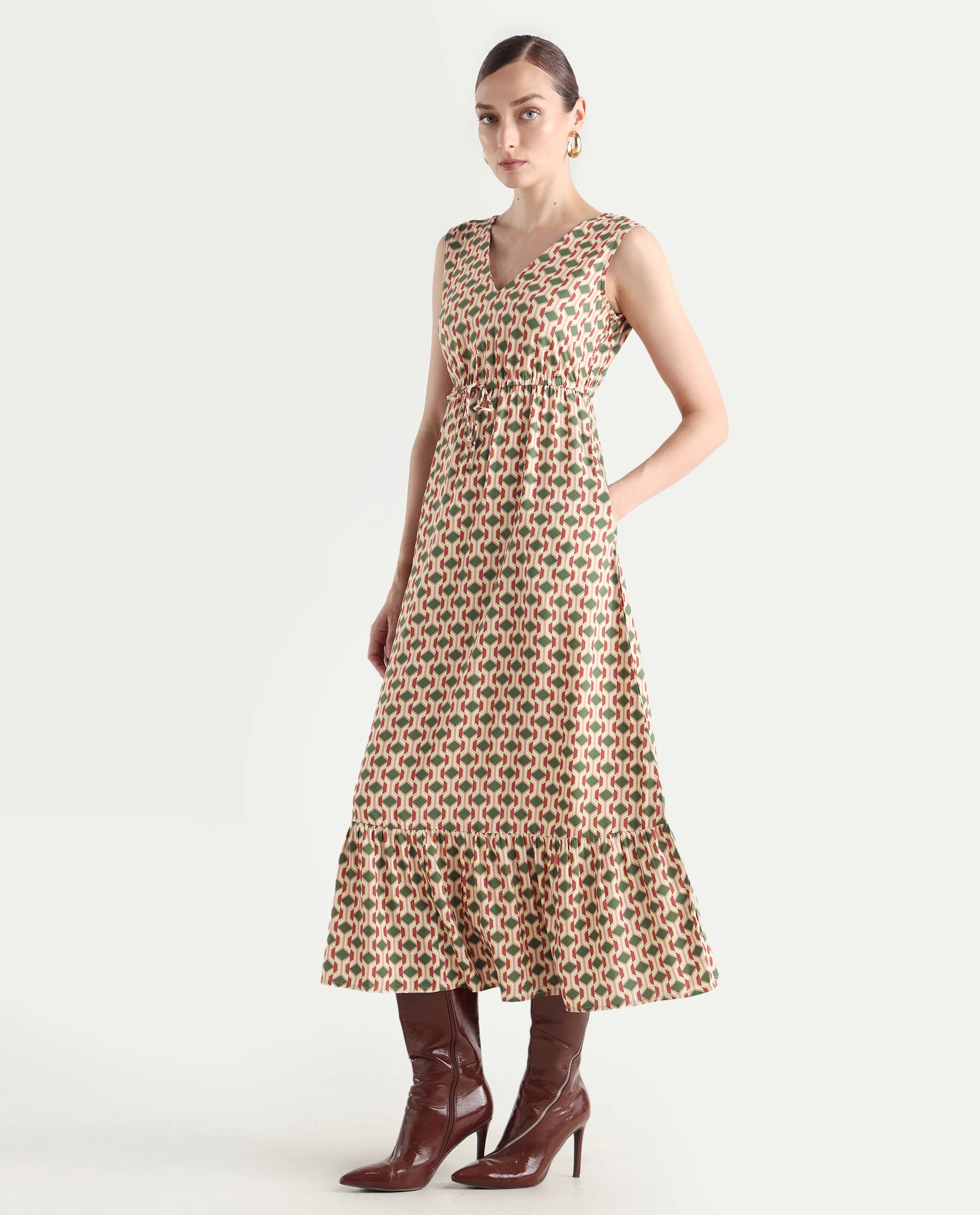 Rareism Women's Braytown Multi Viscose V-Neck Geometric Print Sleeveless Maxi Fit And Flare Dress