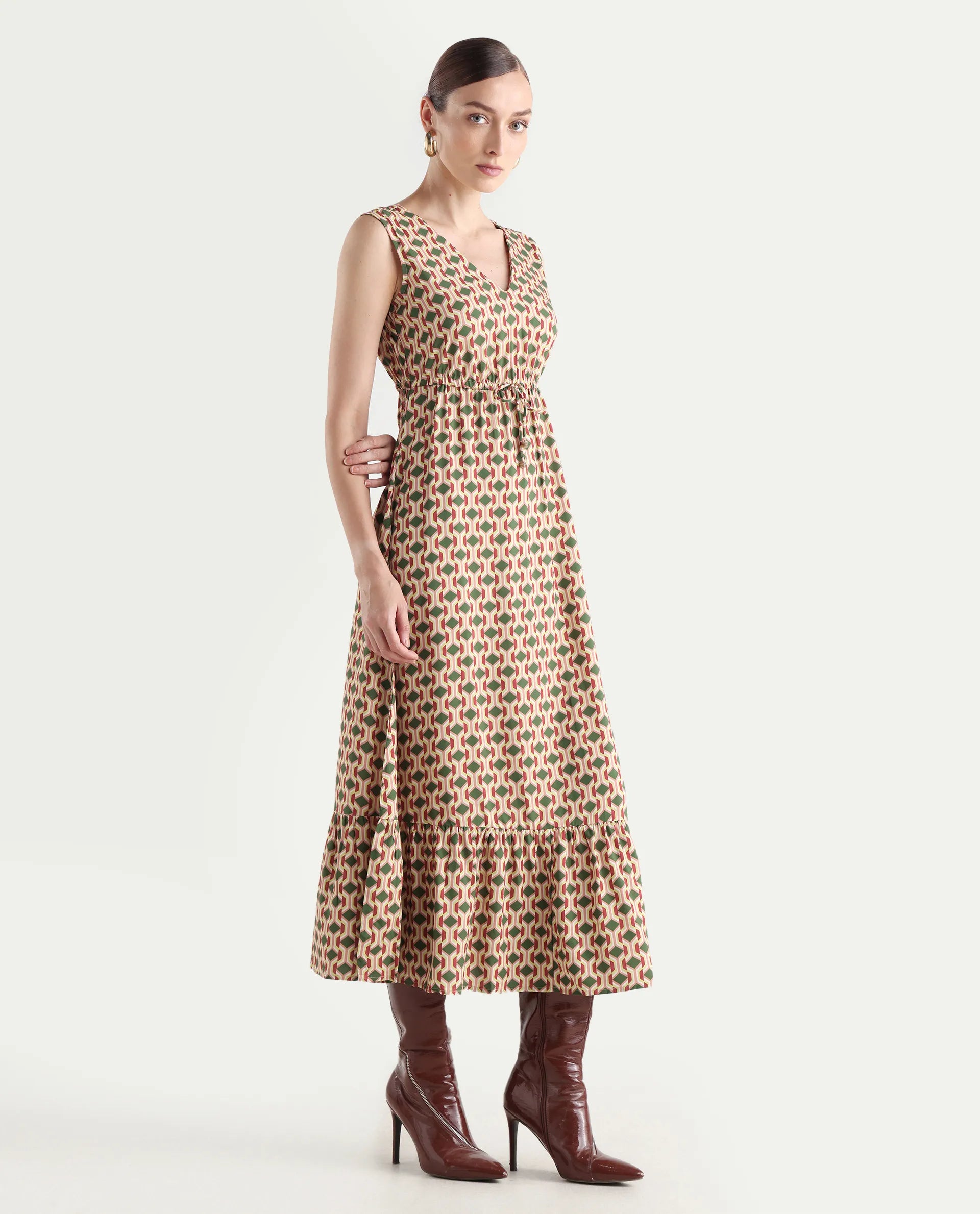 Rareism Women's Braytown Multi Viscose V-Neck Geometric Print Sleeveless Maxi Fit And Flare Dress