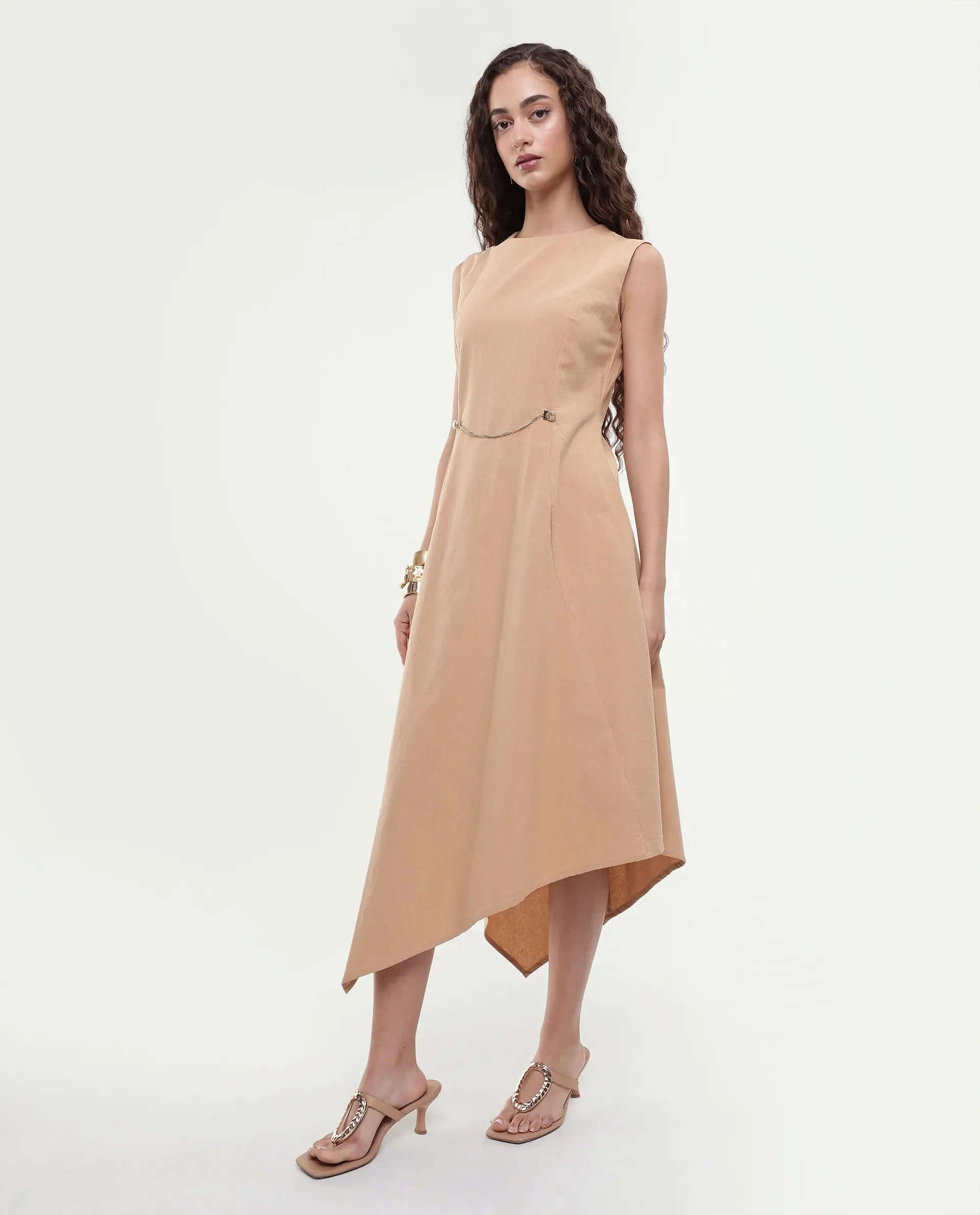 Rareism Women's Melrick Beige Cotton Crew Neck Plain Sleeveless Maxi A-Line Dress