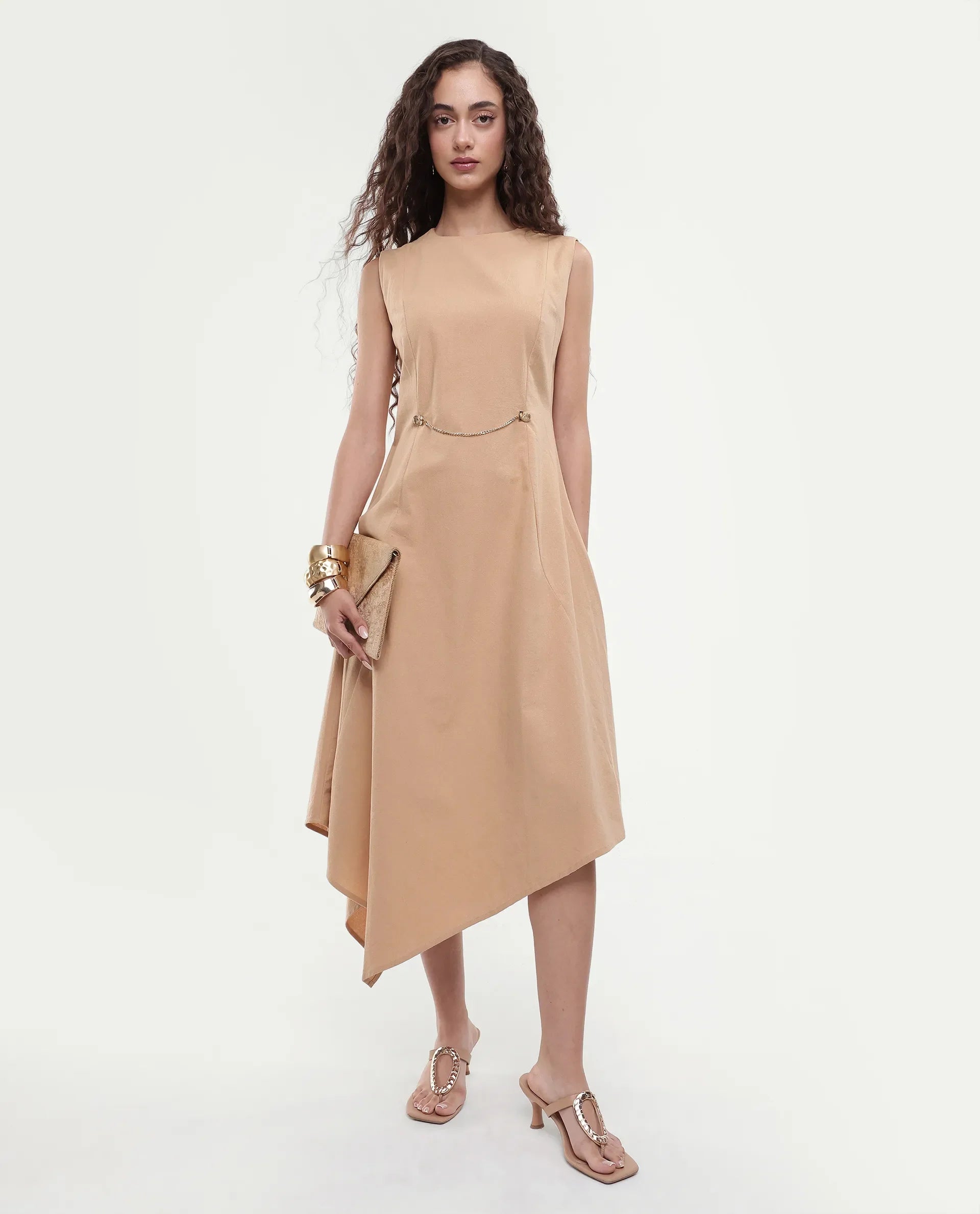 Rareism Women's Melrick Beige Cotton Crew Neck Plain Sleeveless Maxi A-Line Dress