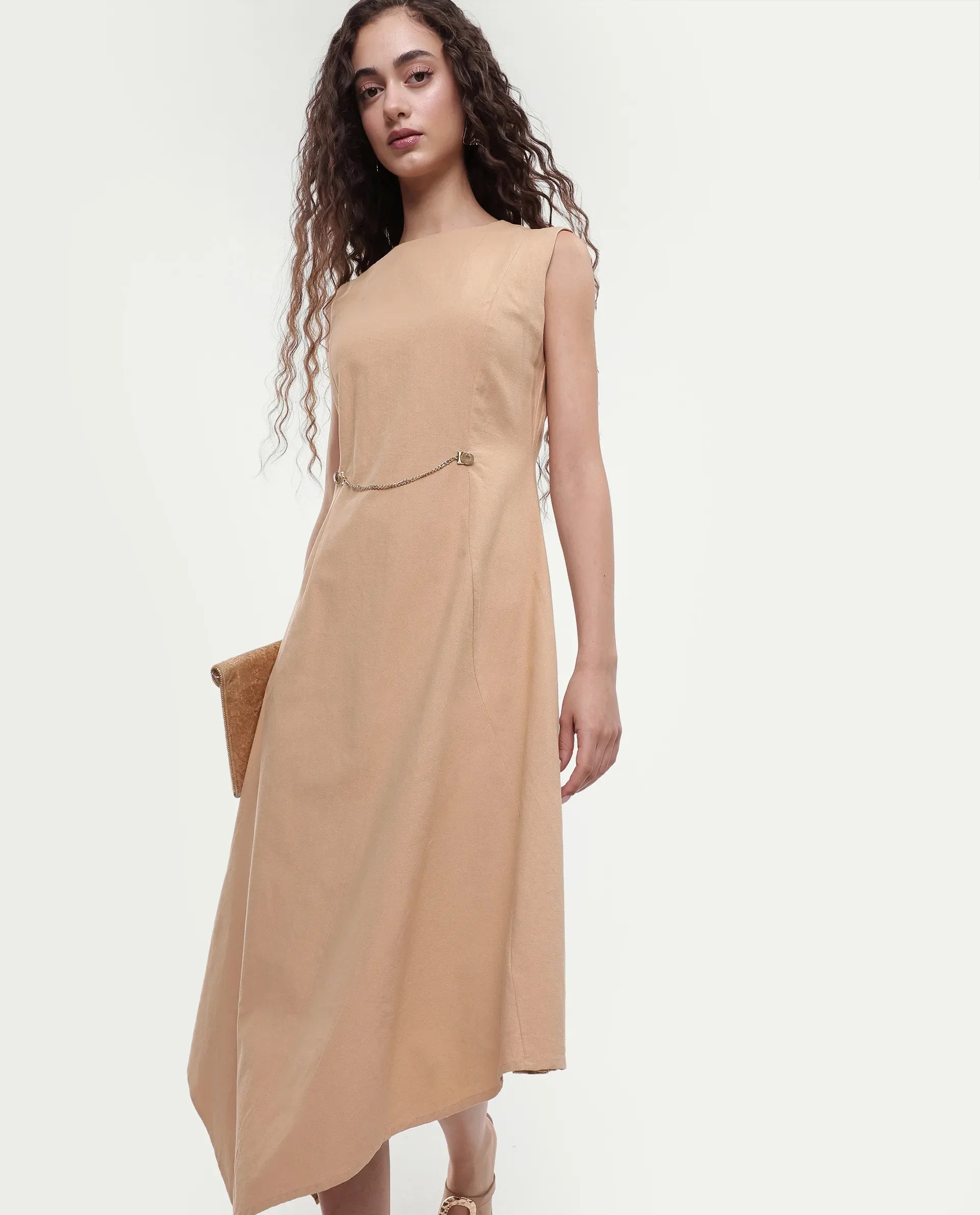 Rareism Women's Melrick Beige Cotton Crew Neck Plain Sleeveless Maxi A-Line Dress