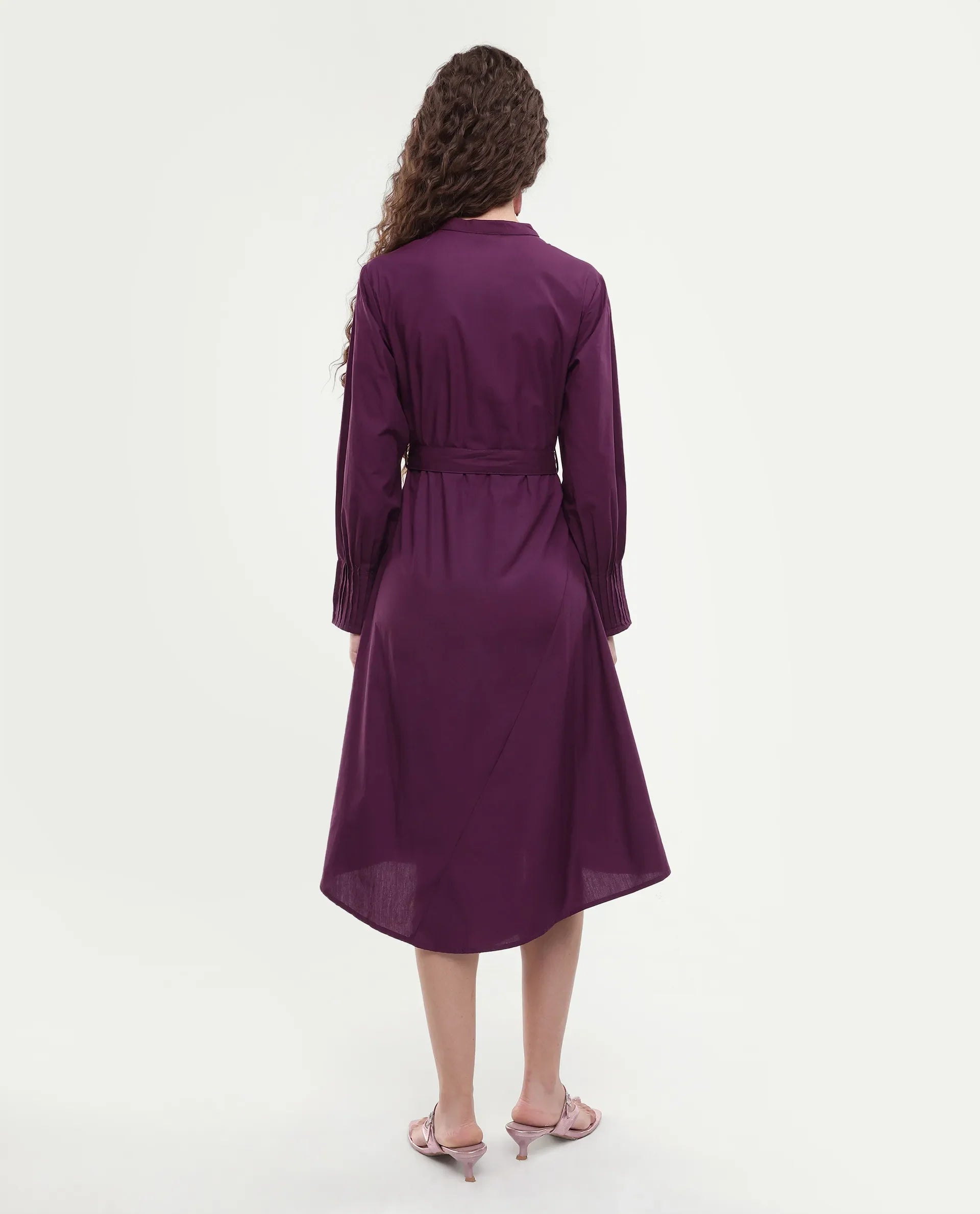 Rareism Women's Iona Purple Cotton Mandarin Collar Plain Cuffed Sleeve Midi Fit And Flare Dress