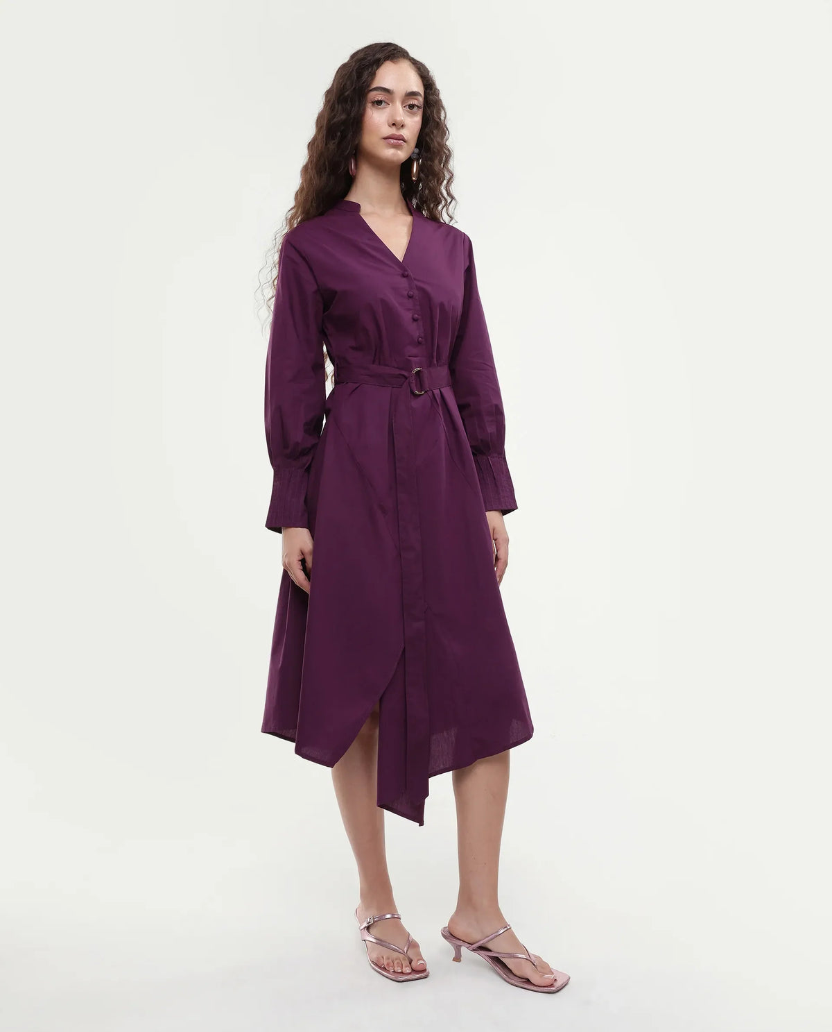 Rareism Women's Iona Purple Cotton Mandarin Collar Plain Cuffed Sleeve Midi Fit And Flare Dress