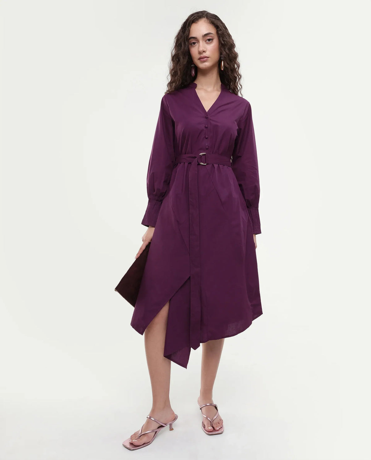 Rareism Women's Iona Purple Cotton Mandarin Collar Plain Cuffed Sleeve Midi Fit And Flare Dress