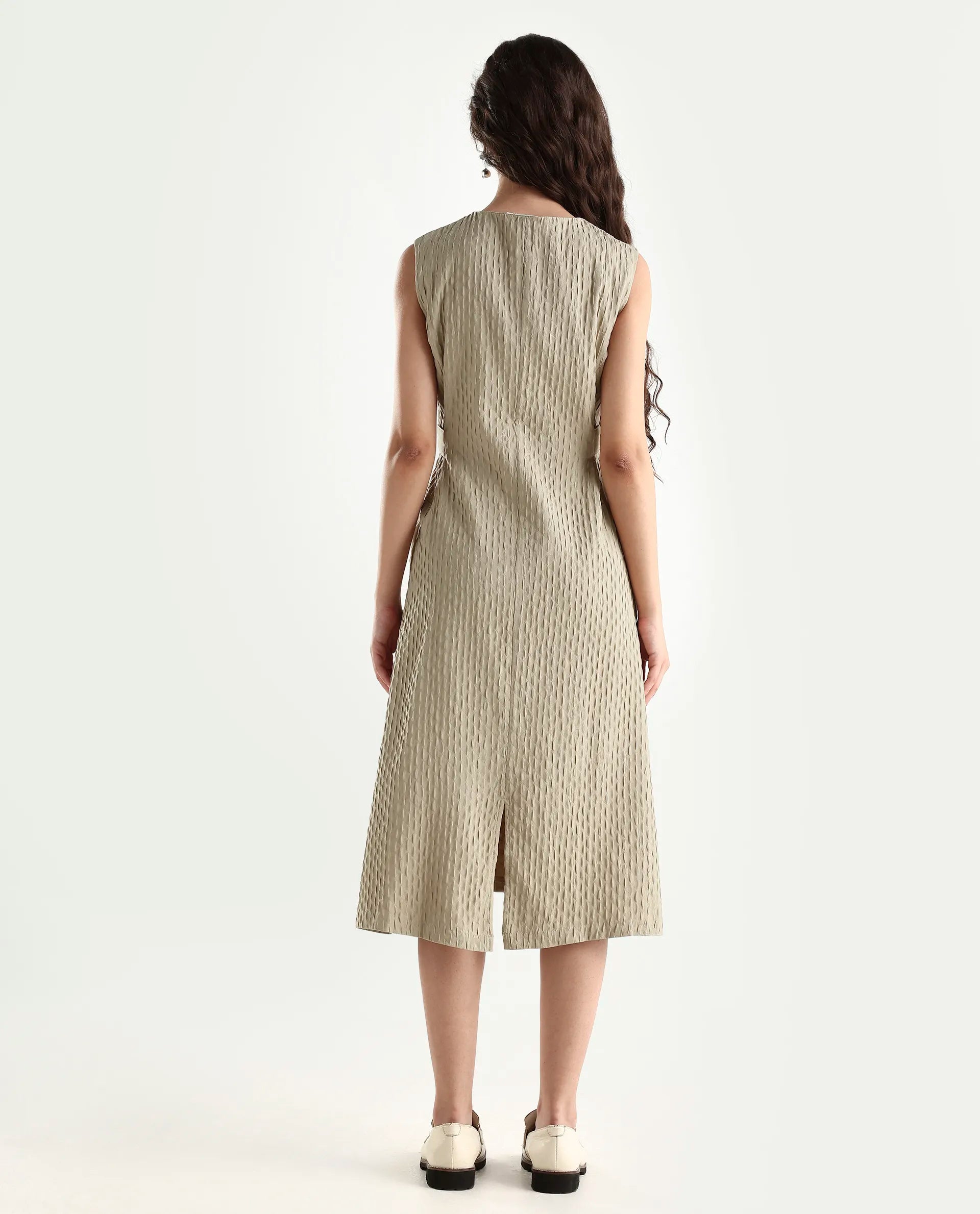 Rareism Women's Zelina Beige Polyester Round Neck Plain Sleeveless Knee Length A-Line Dress