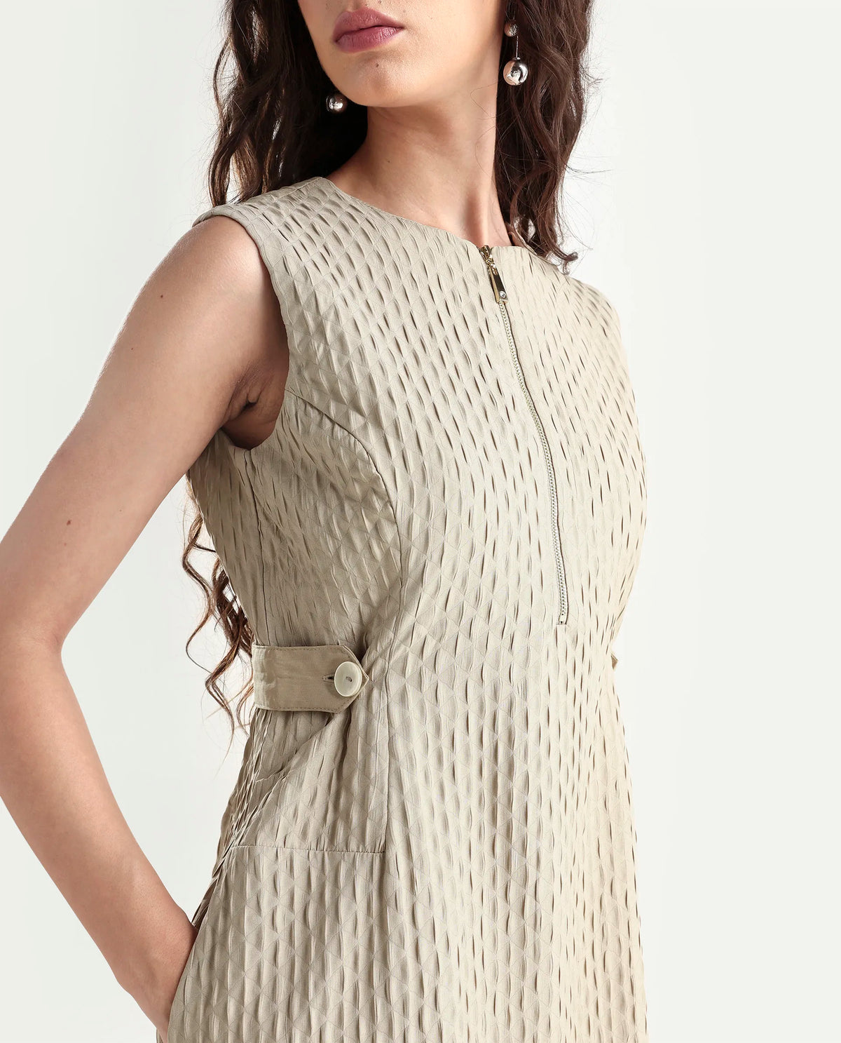 Rareism Women's Zelina Beige Polyester Round Neck Plain Sleeveless Knee Length A-Line Dress