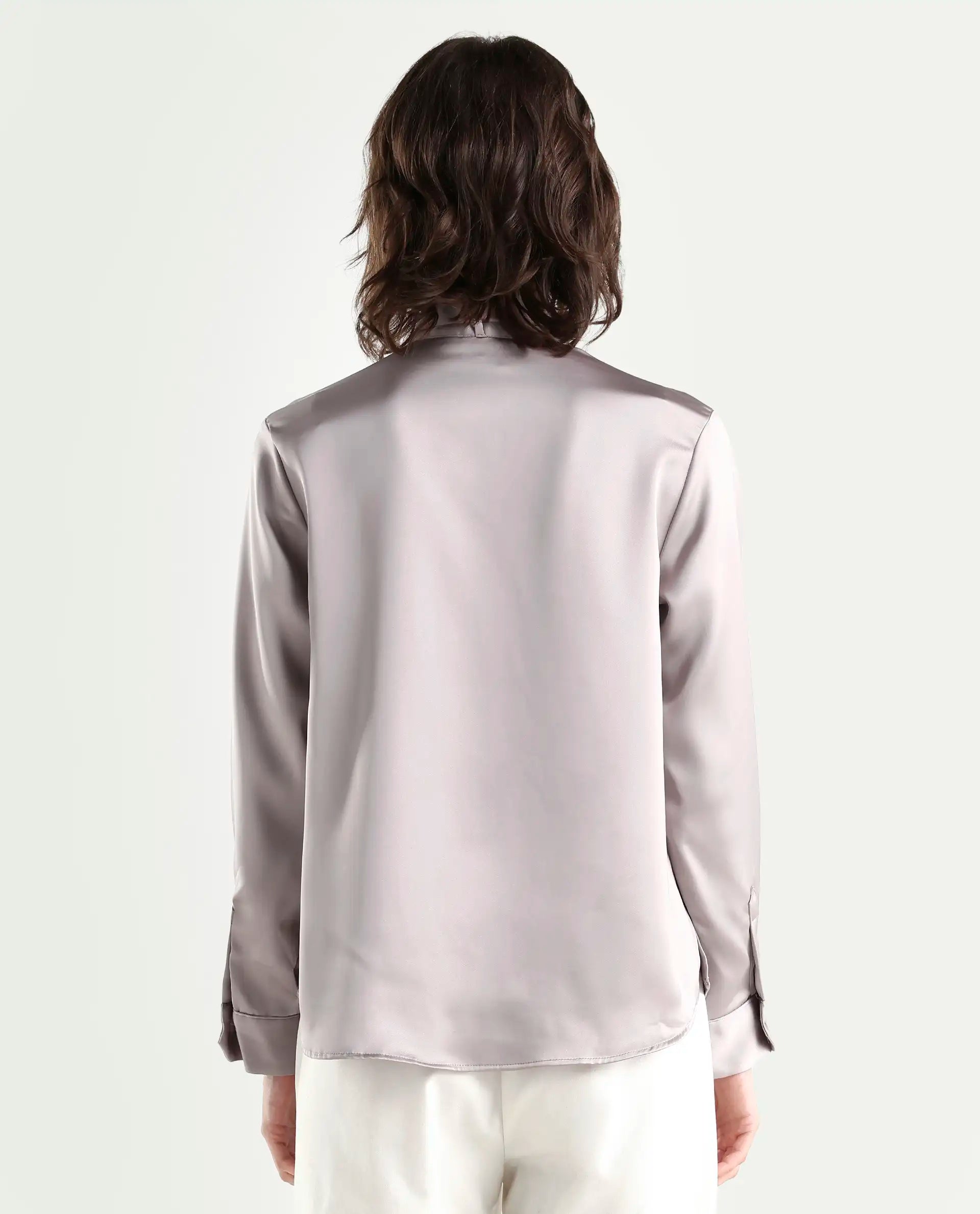 Rareism Women's Bingol Dusky Beige Polyester Mandarin Collar Plain Cuffed Sleeve Regular Fit Shirt