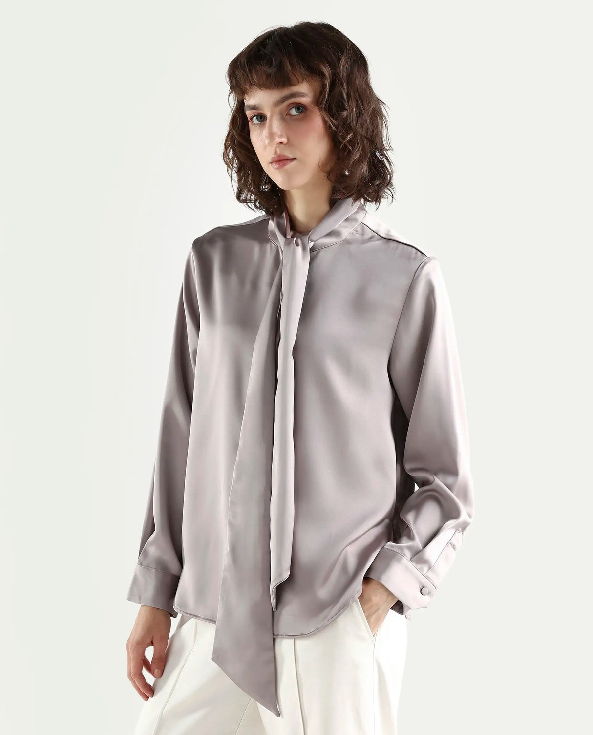 Rareism Women's Bingol Dusky Beige Cotton Mandarin Collar Plain Cuffed Sleeve Regular Fit Shirt