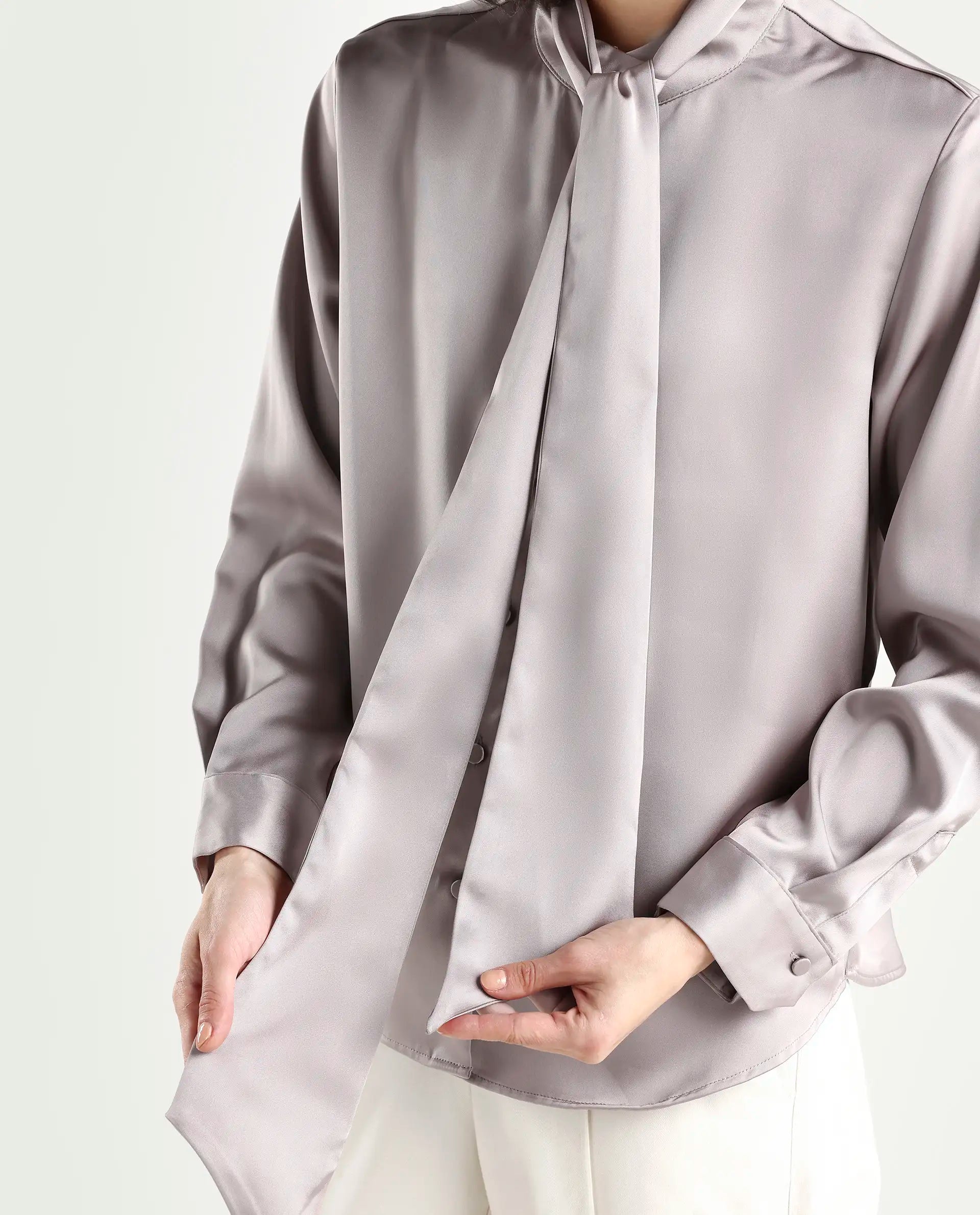 Rareism Women's Bingol Dusky Beige Polyester Mandarin Collar Plain Cuffed Sleeve Regular Fit Shirt