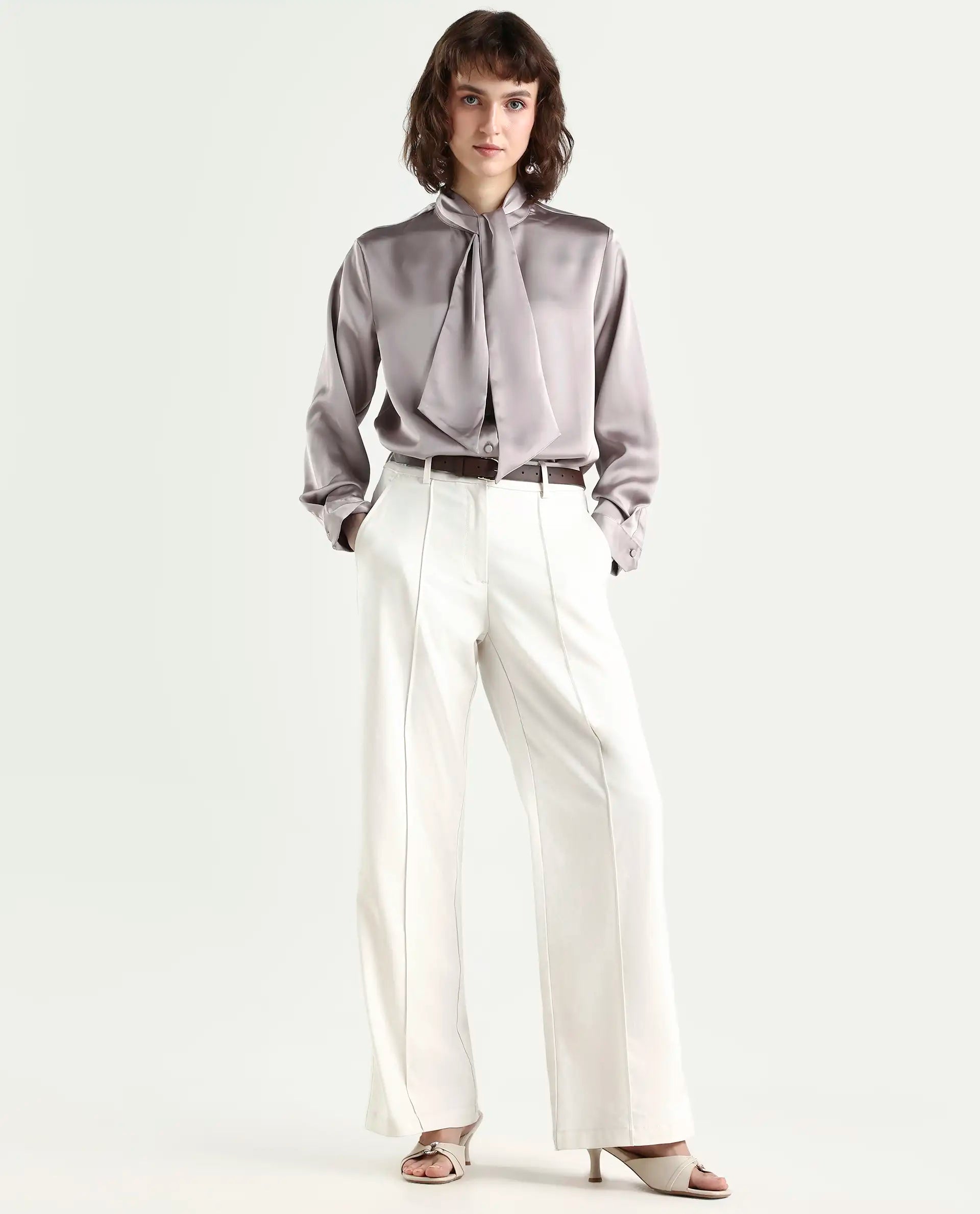 Rareism Women's Bingol Dusky Beige Polyester Mandarin Collar Plain Cuffed Sleeve Regular Fit Shirt