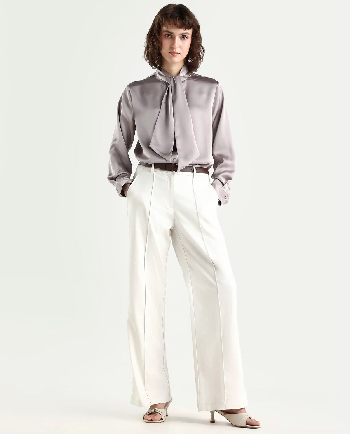 Rareism Women's Bingol Dusky Beige Cotton Mandarin Collar Plain Cuffed Sleeve Regular Fit Shirt
