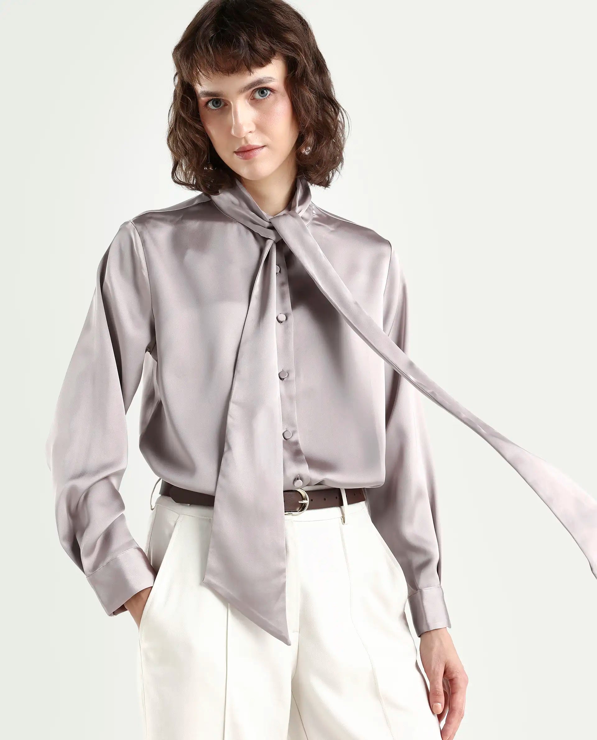 Rareism Women's Bingol Dusky Beige Polyester Mandarin Collar Plain Cuffed Sleeve Regular Fit Shirt