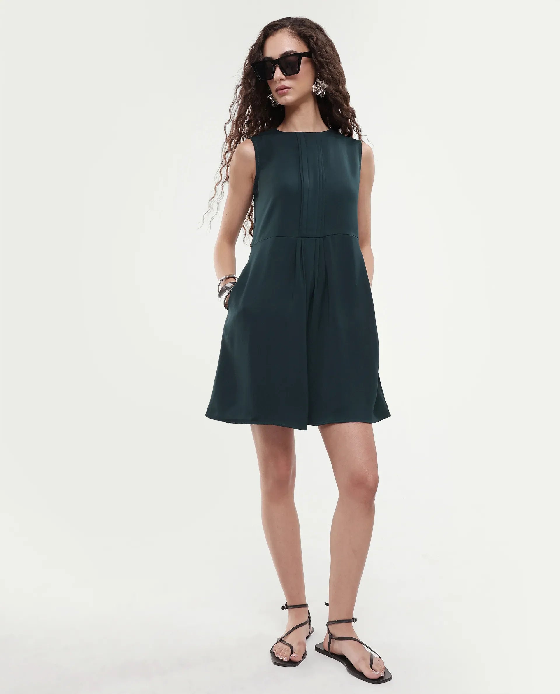 Rareism Women's Roux Olive Polyester Blend Crew Neck Plain Sleeveless Mini Fit And Flare Dress