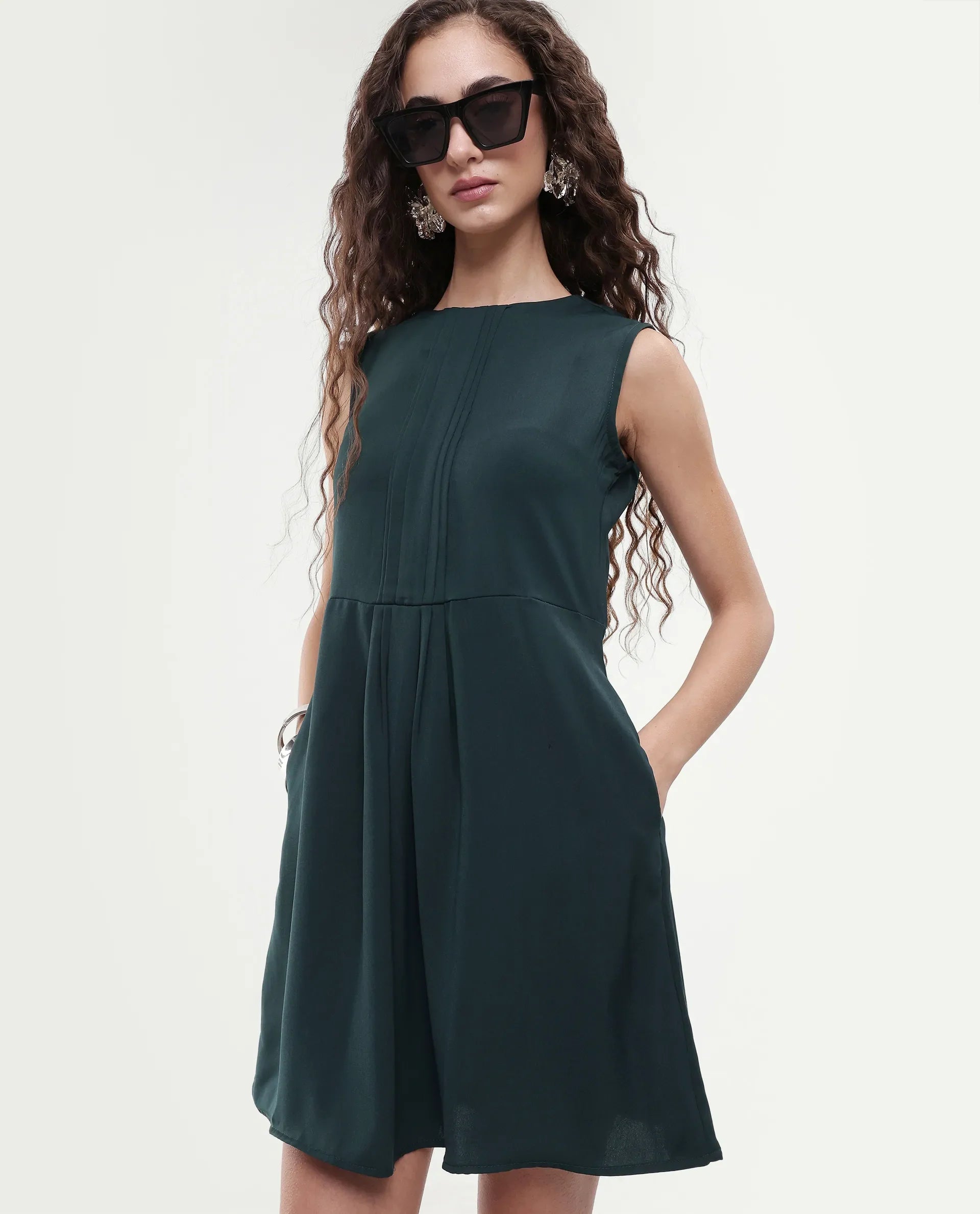 Rareism Women's Roux Olive Polyester Blend Crew Neck Plain Sleeveless Mini Fit And Flare Dress