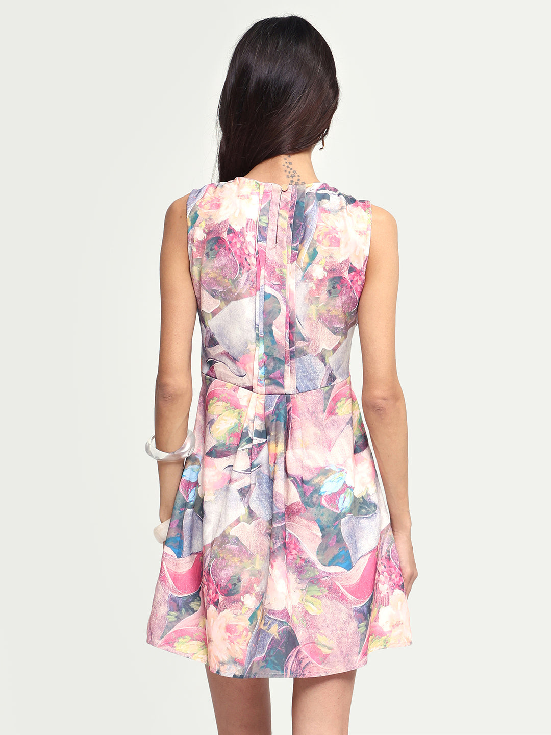 Rareism Women's Rouxi Multi Polyester Blend Crew Neck Abstract Print Sleeveless Mini Fit And Flare Dress