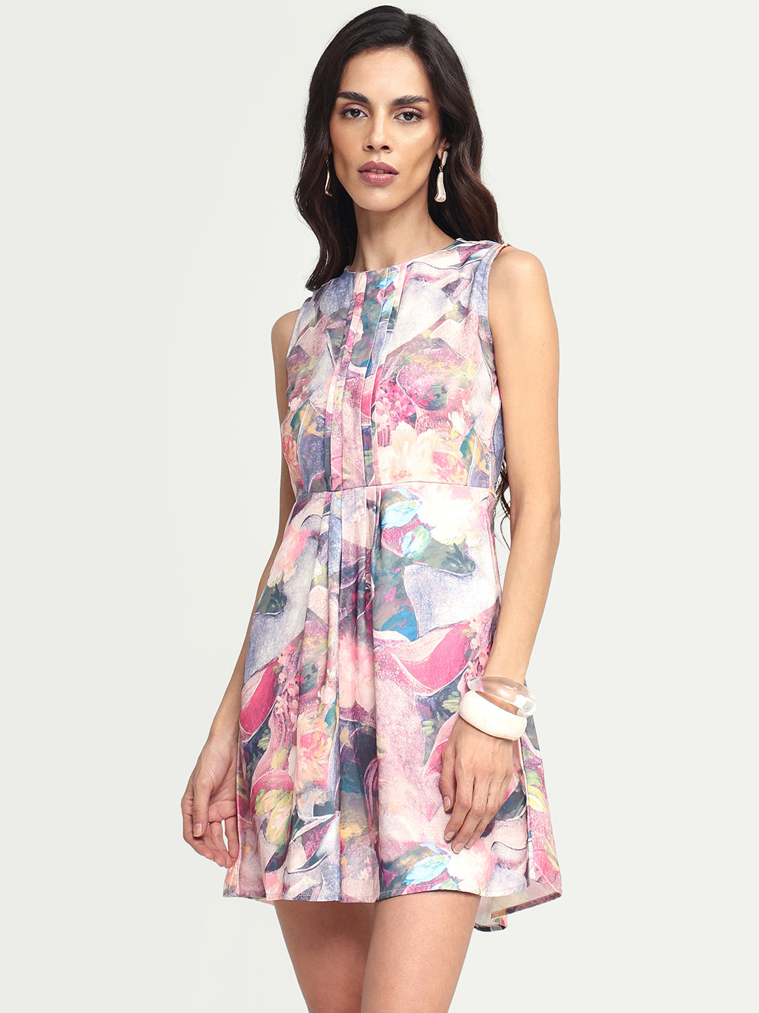 Rareism Women's Rouxi Multi Polyester Blend Crew Neck Abstract Print Sleeveless Mini Fit And Flare Dress