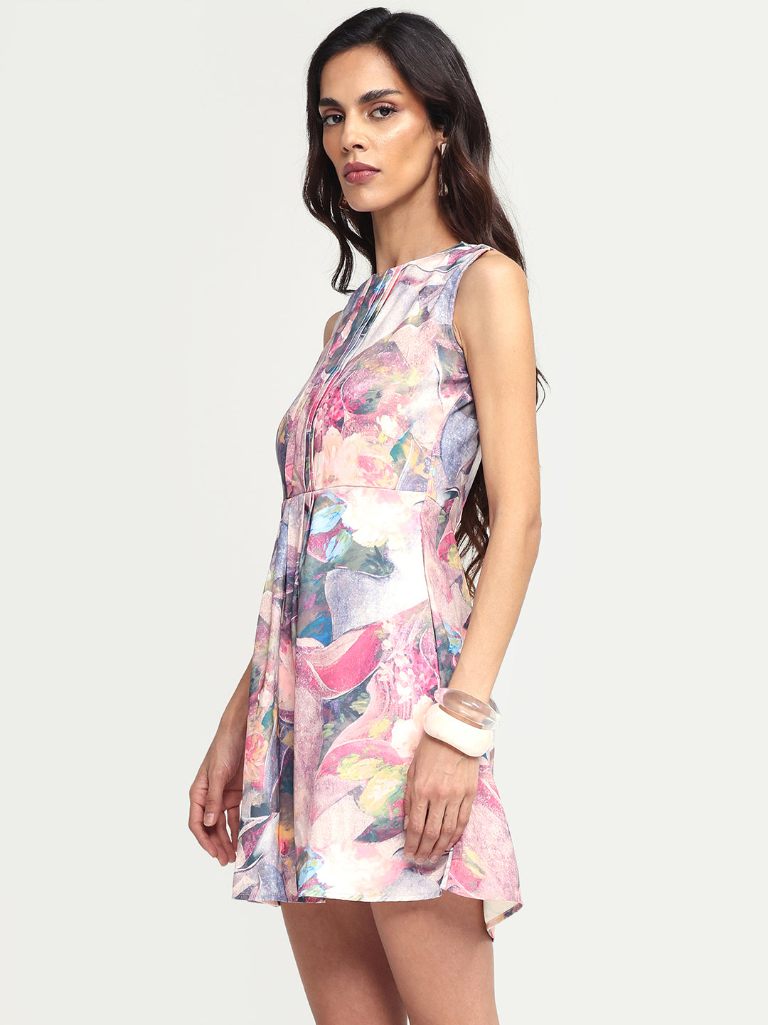 Rareism Women's Rouxi Multi Polyester Blend Crew Neck Abstract Print Sleeveless Mini Fit And Flare Dress