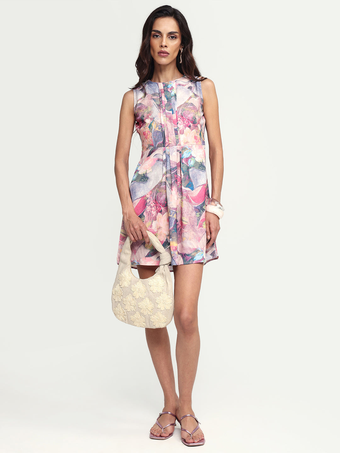 Rareism Women's Rouxi Multi Polyester Blend Crew Neck Abstract Print Sleeveless Mini Fit And Flare Dress