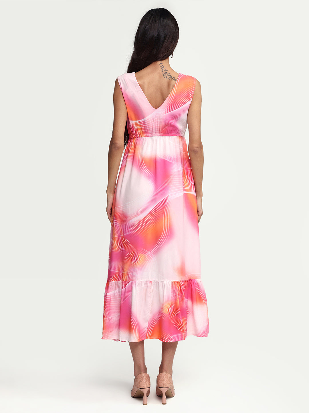 Rareism Women's Luanda Multi Viscose V-Neck Abstract Print Sleeveless Maxi Fit And Flare Dress