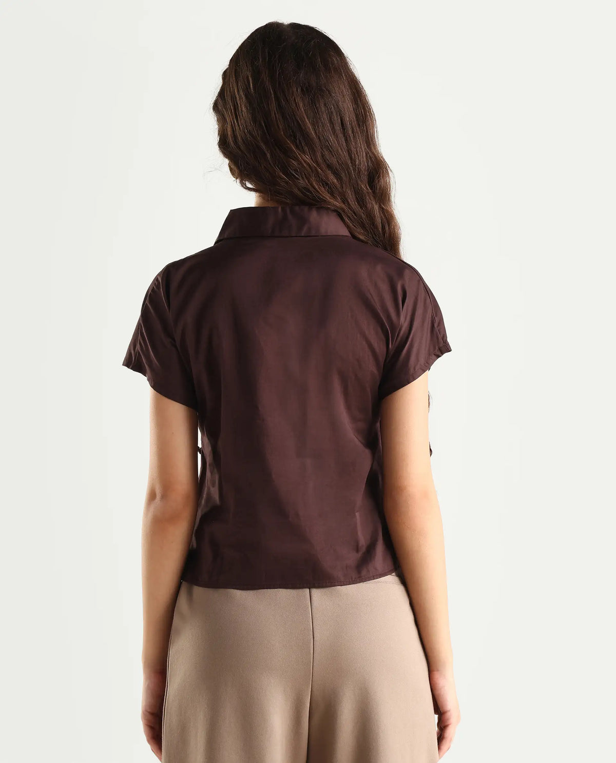 Rareism Women's Aurelia Brown Cotton Blend Drop Collar Plain Extended Sleeves Regular Fit Top