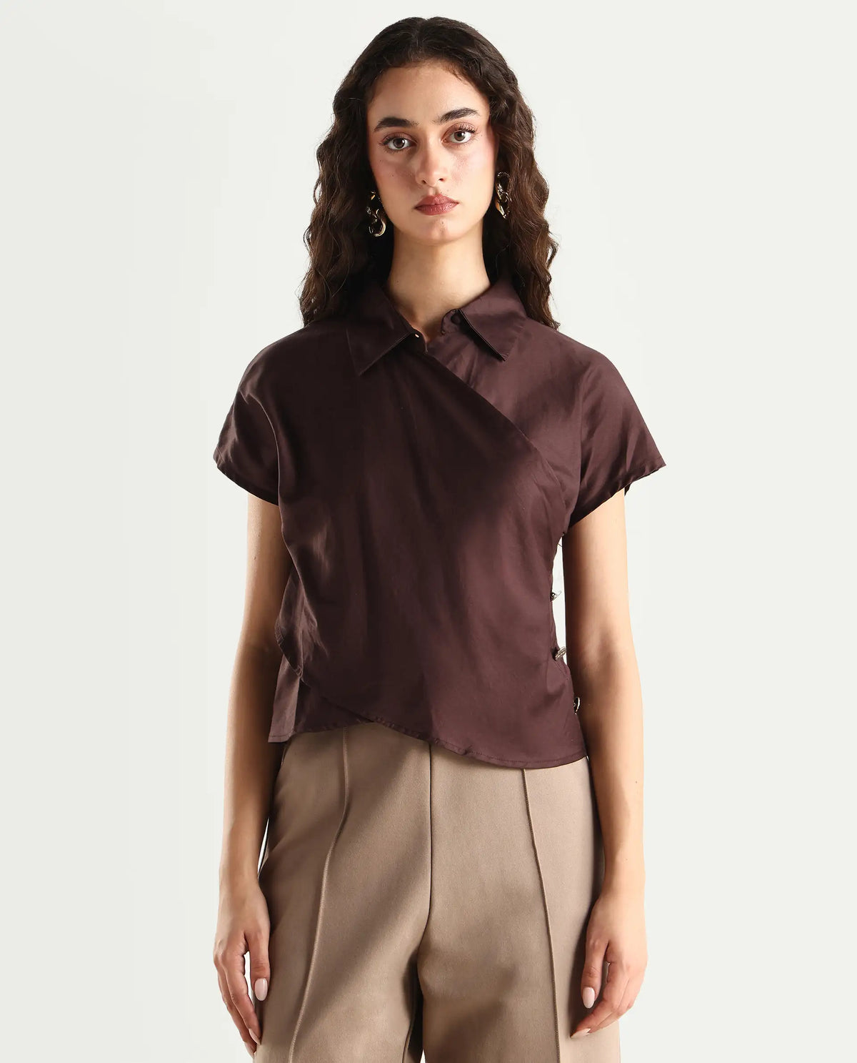 Rareism Women's Aurelia Brown Cotton Blend Drop Collar Plain Extended Sleeves Regular Fit Top