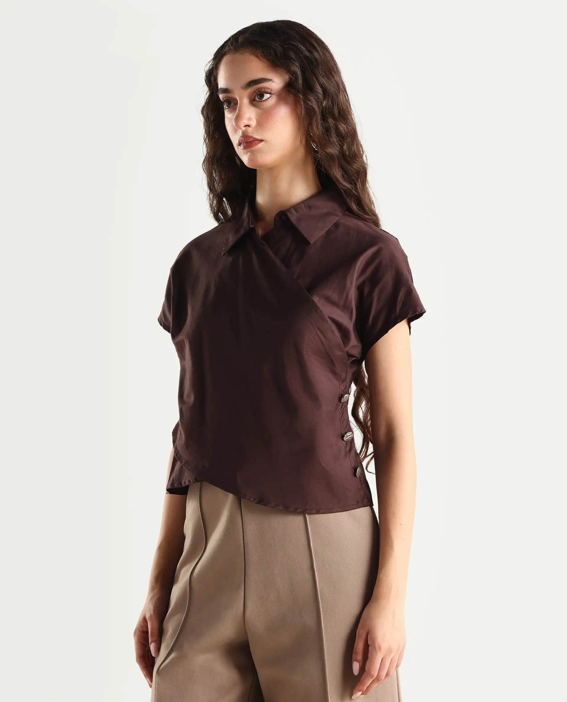 Rareism Women's Aurelia Brown Cotton Blend Drop Collar Plain Extended Sleeves Regular Fit Top