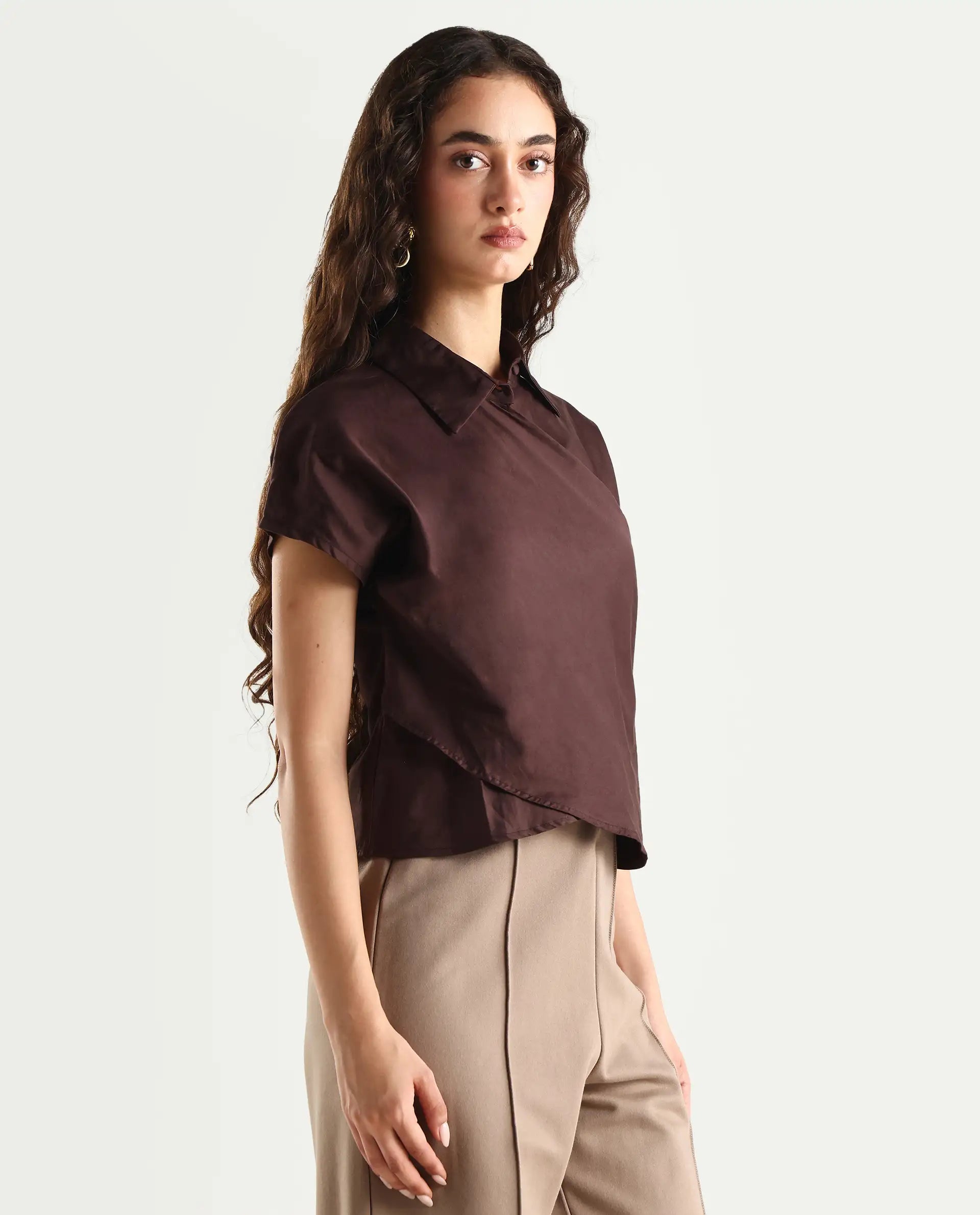 Rareism Women's Aurelia Brown Cotton Blend Drop Collar Plain Extended Sleeves Regular Fit Top