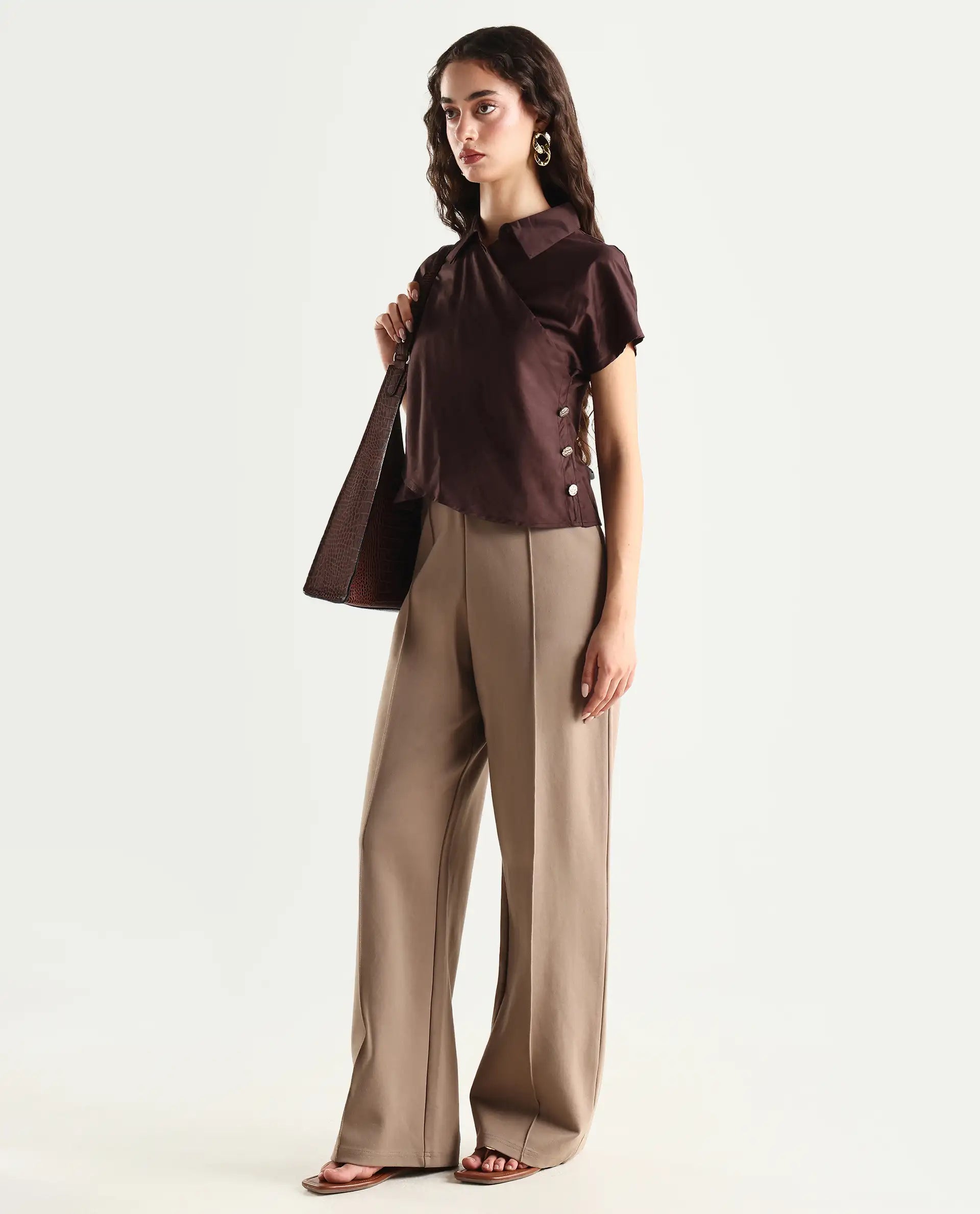 Rareism Women's Aurelia Brown Cotton Blend Drop Collar Plain Extended Sleeves Regular Fit Top