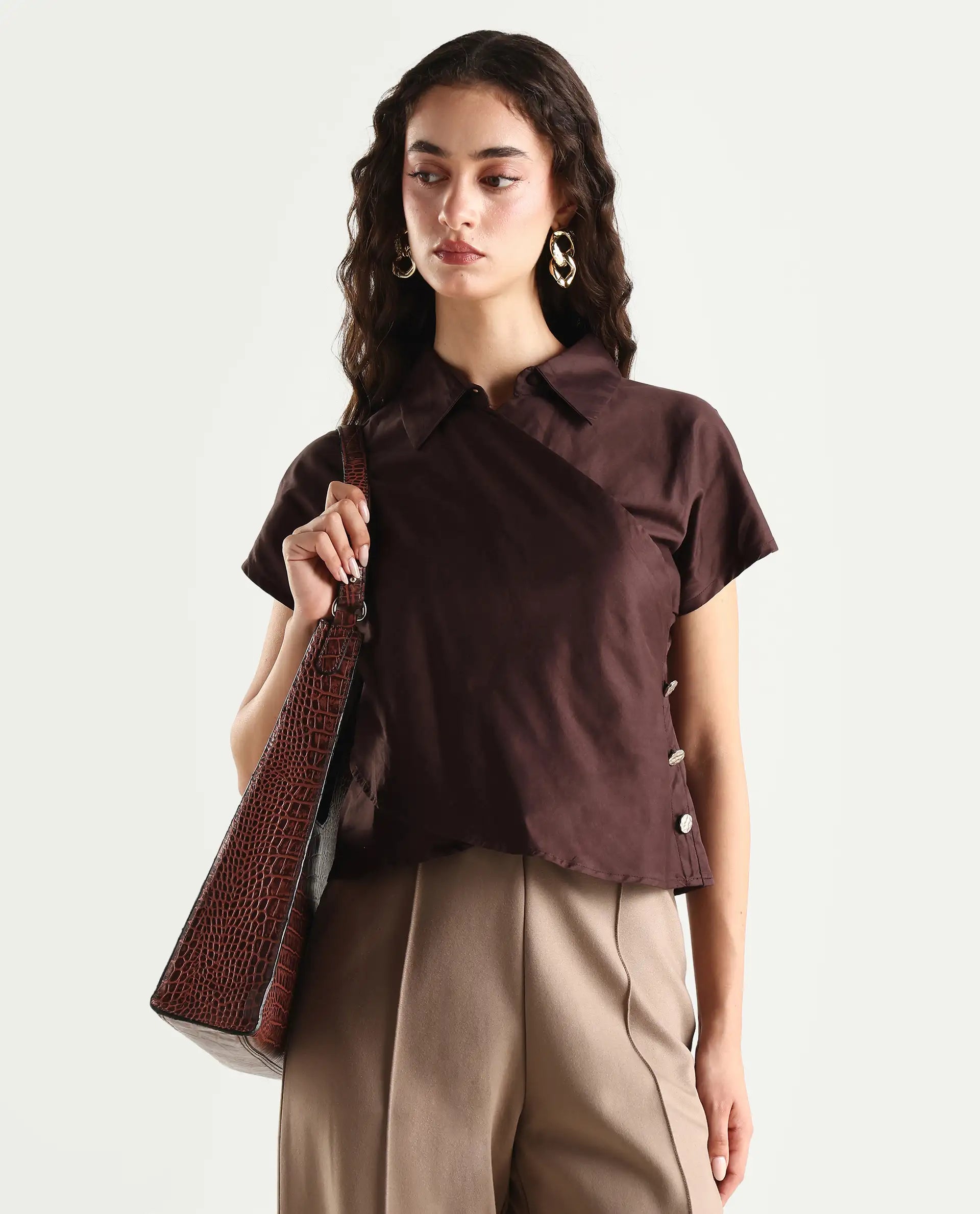 Rareism Women's Aurelia Brown Cotton Blend Drop Collar Plain Extended Sleeves Regular Fit Top