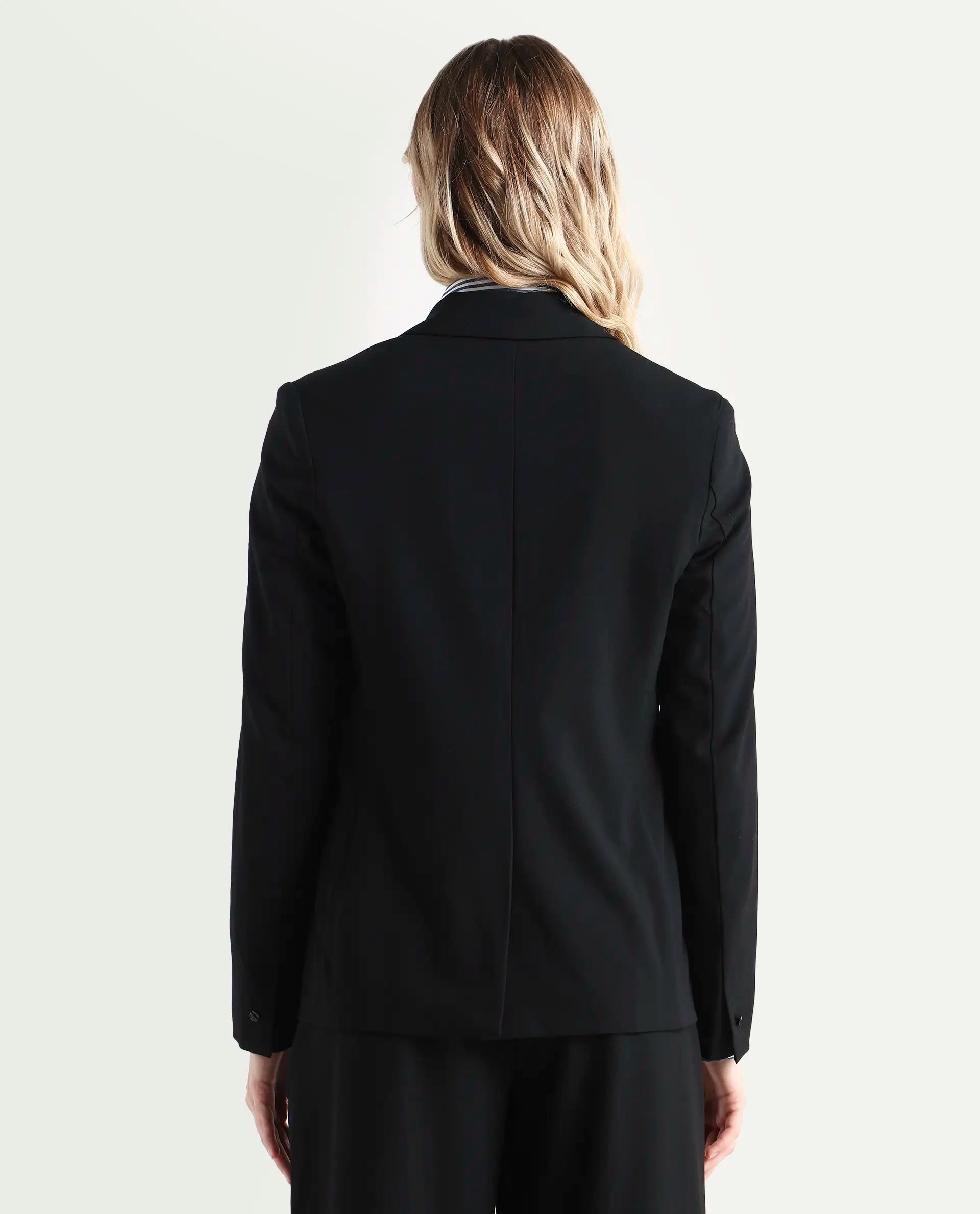 Rareism Women's Zivya Dark Black Polyester Blend Lapel Neck Plain Regular Fit Blazer