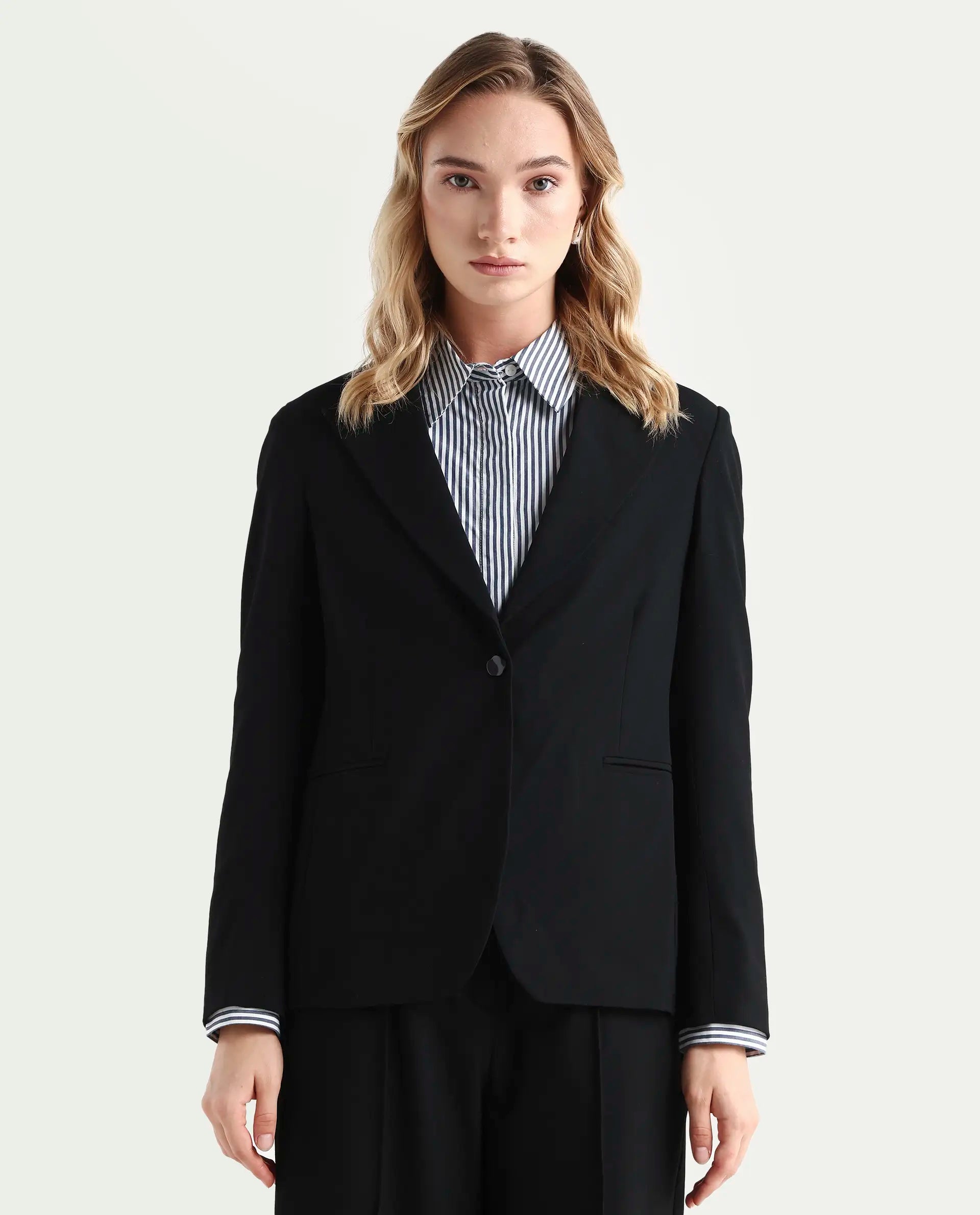 Rareism Women's Zivya Dark Black Polyester Blend Lapel Neck Plain Regular Fit Blazer