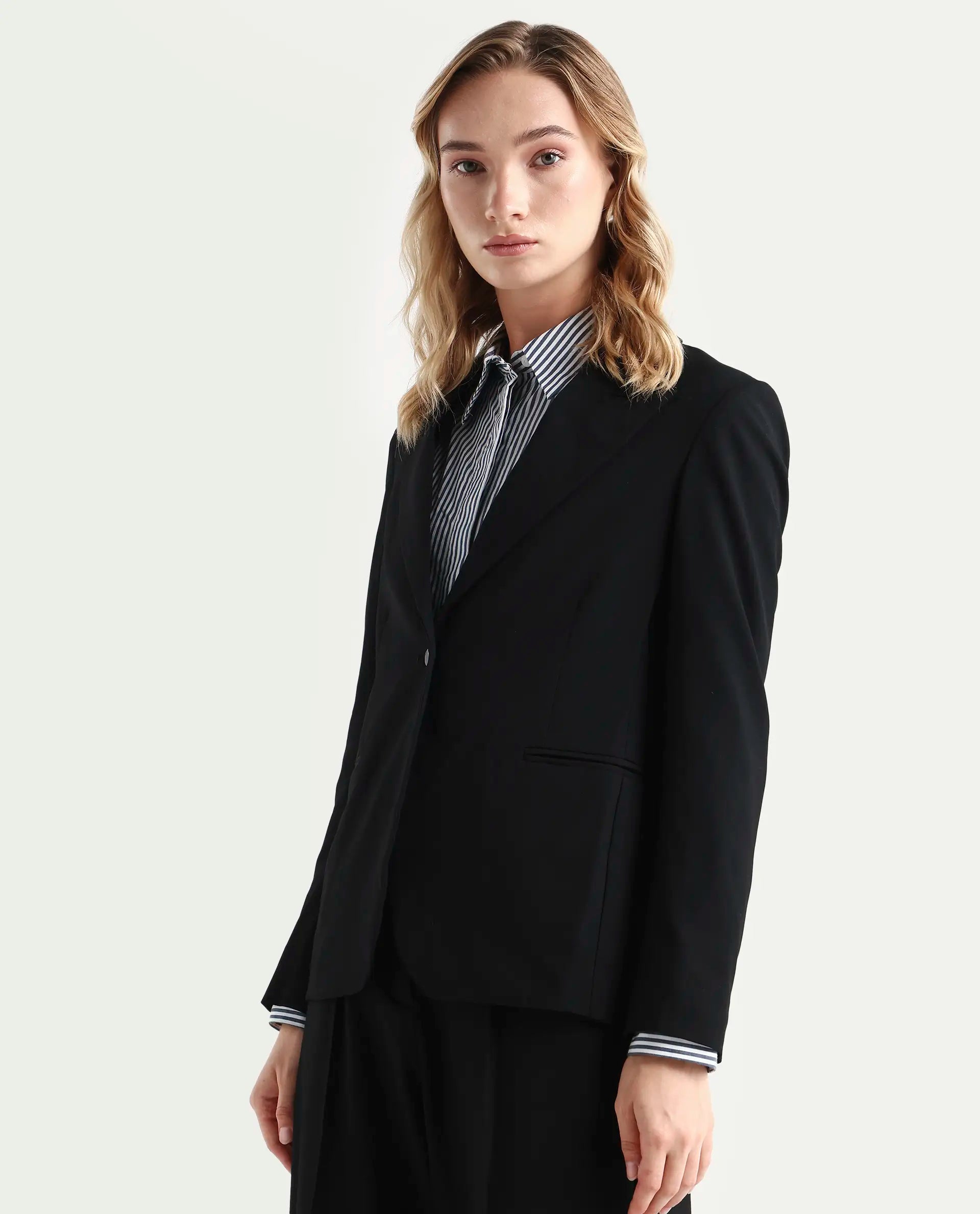 Rareism Women's Zivya Dark Black Polyester Blend Lapel Neck Plain Regular Fit Blazer