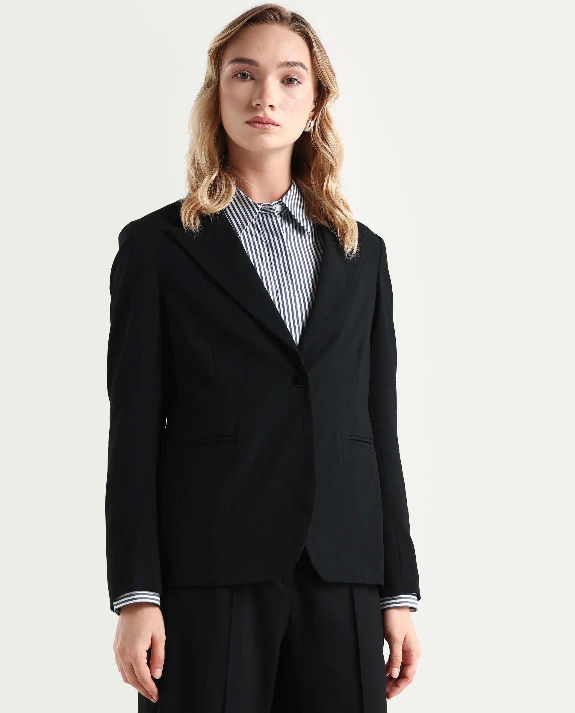 Rareism Women's Zivya Dark Black Polyester Blend Lapel Neck Plain Regular Fit Blazer