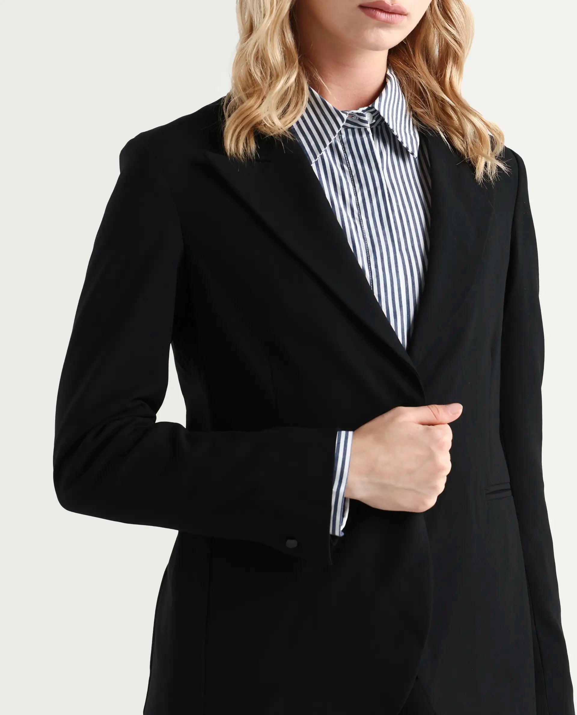 Rareism Women's Zivya Dark Black Polyester Blend Lapel Neck Plain Regular Fit Blazer