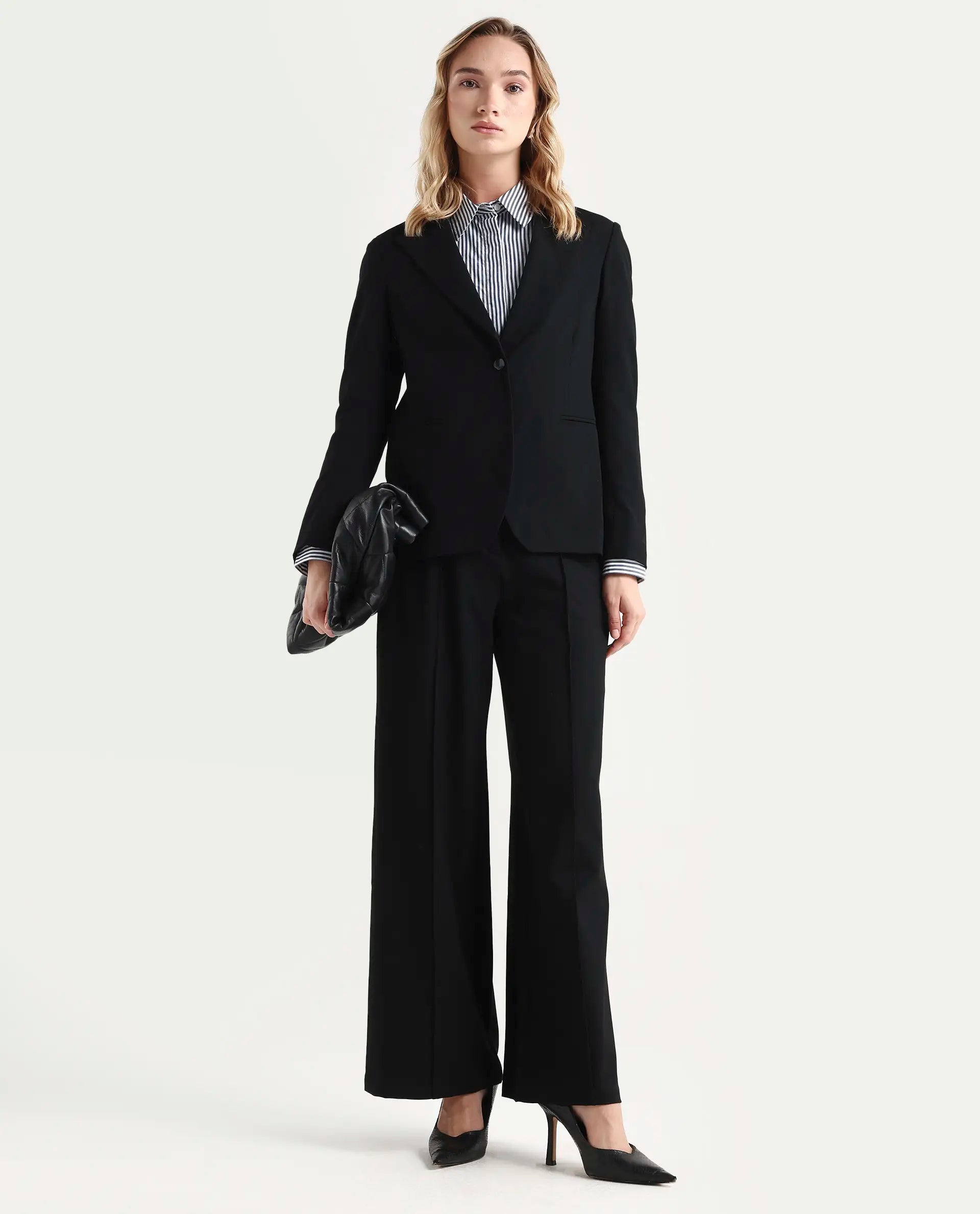 Rareism Women's Zivya Dark Black Polyester Blend Lapel Neck Plain Regular Fit Blazer