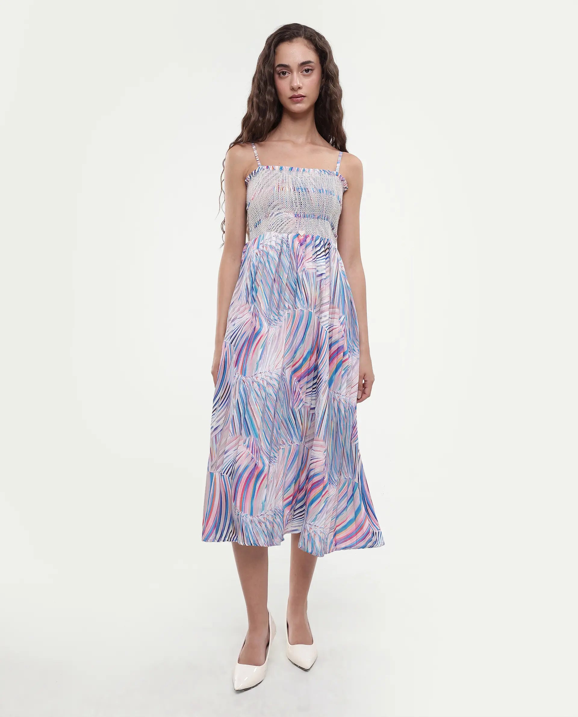 Rareism Women's Shanks Multi Polyester Blend Shoulder Strap Abstract Print Sleeveless Midi Fit And Flare Dress