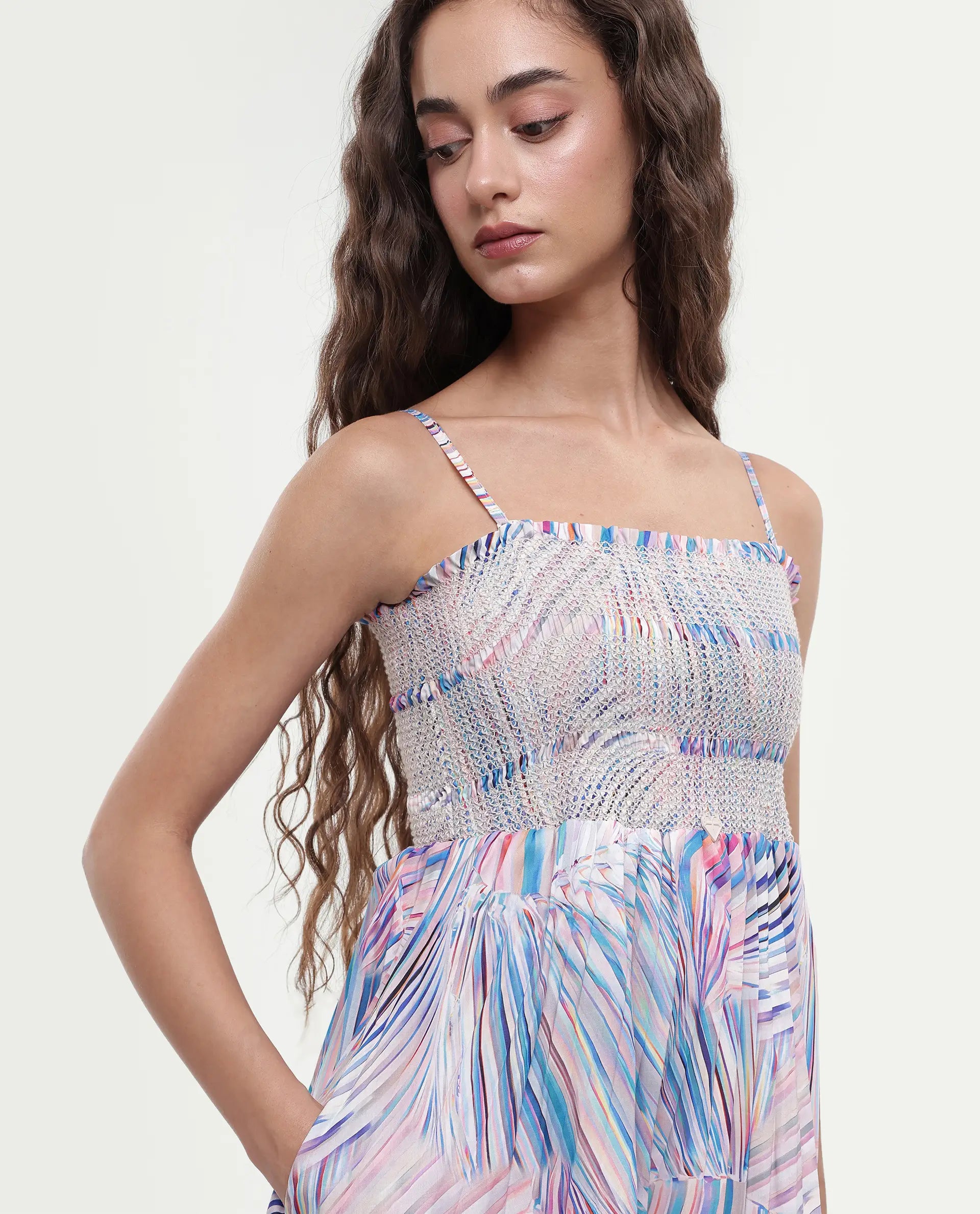 Rareism Women's Shanks Multi Polyester Blend Shoulder Strap Abstract Print Sleeveless Midi Fit And Flare Dress