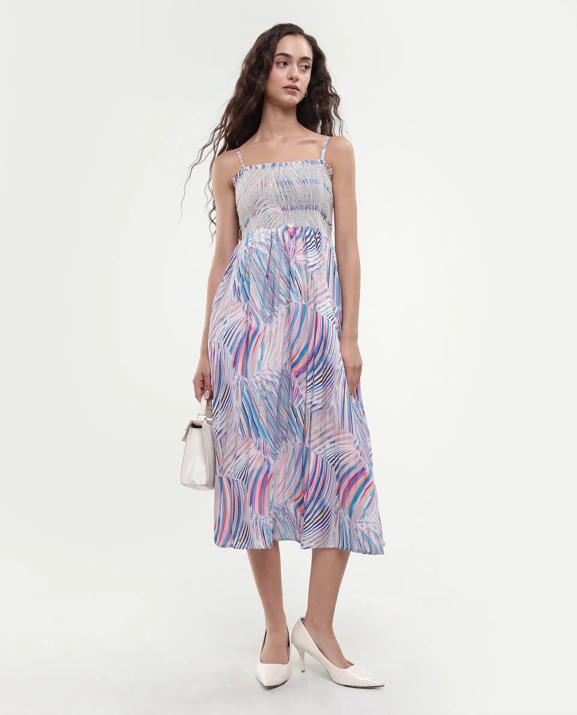 Rareism Women's Shanks Multi Polyester Blend Shoulder Strap Abstract Print Sleeveless Midi Fit And Flare Dress