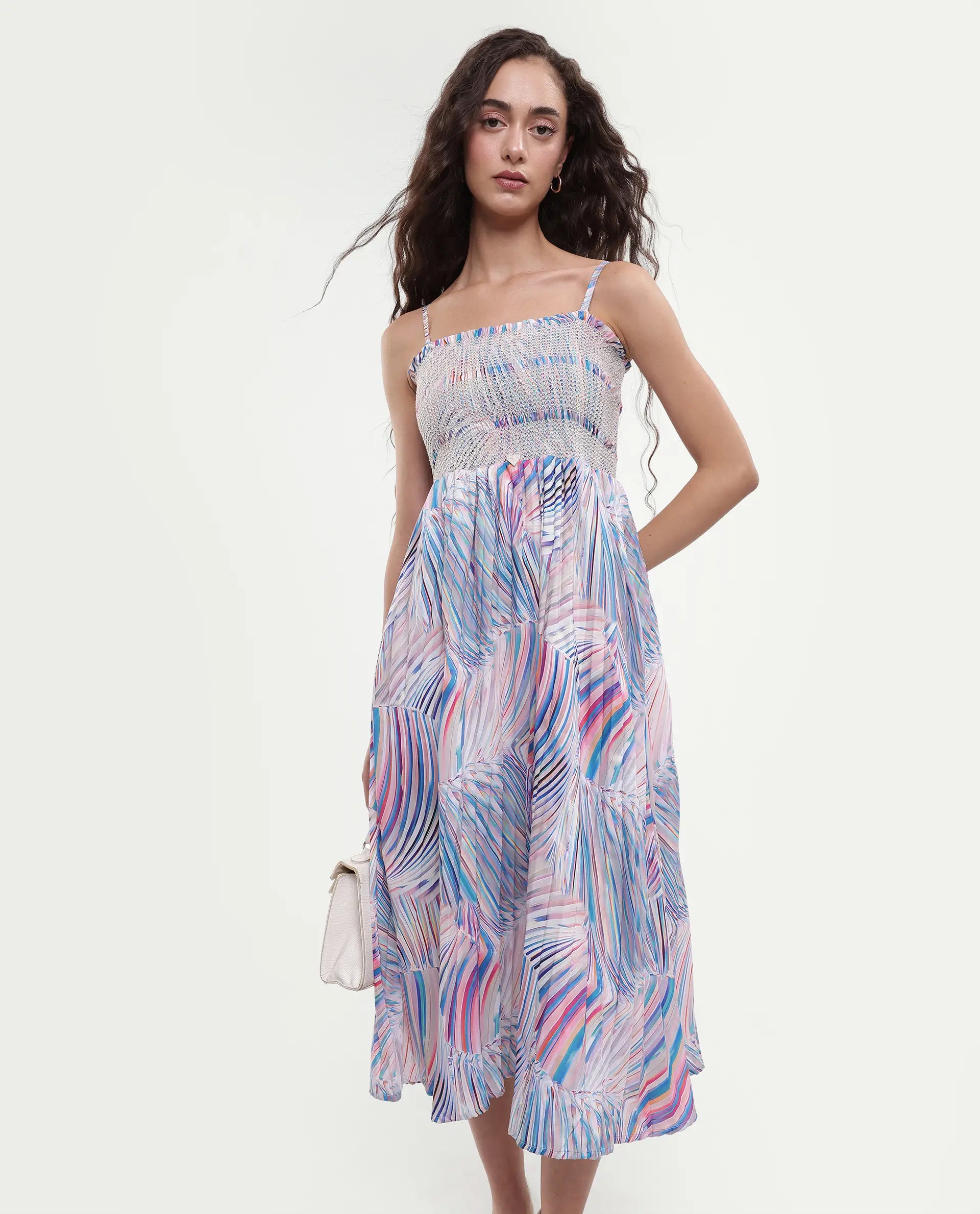 Rareism Women's Shanks Multi Polyester Blend Shoulder Strap Abstract Print Sleeveless Midi Fit And Flare Dress