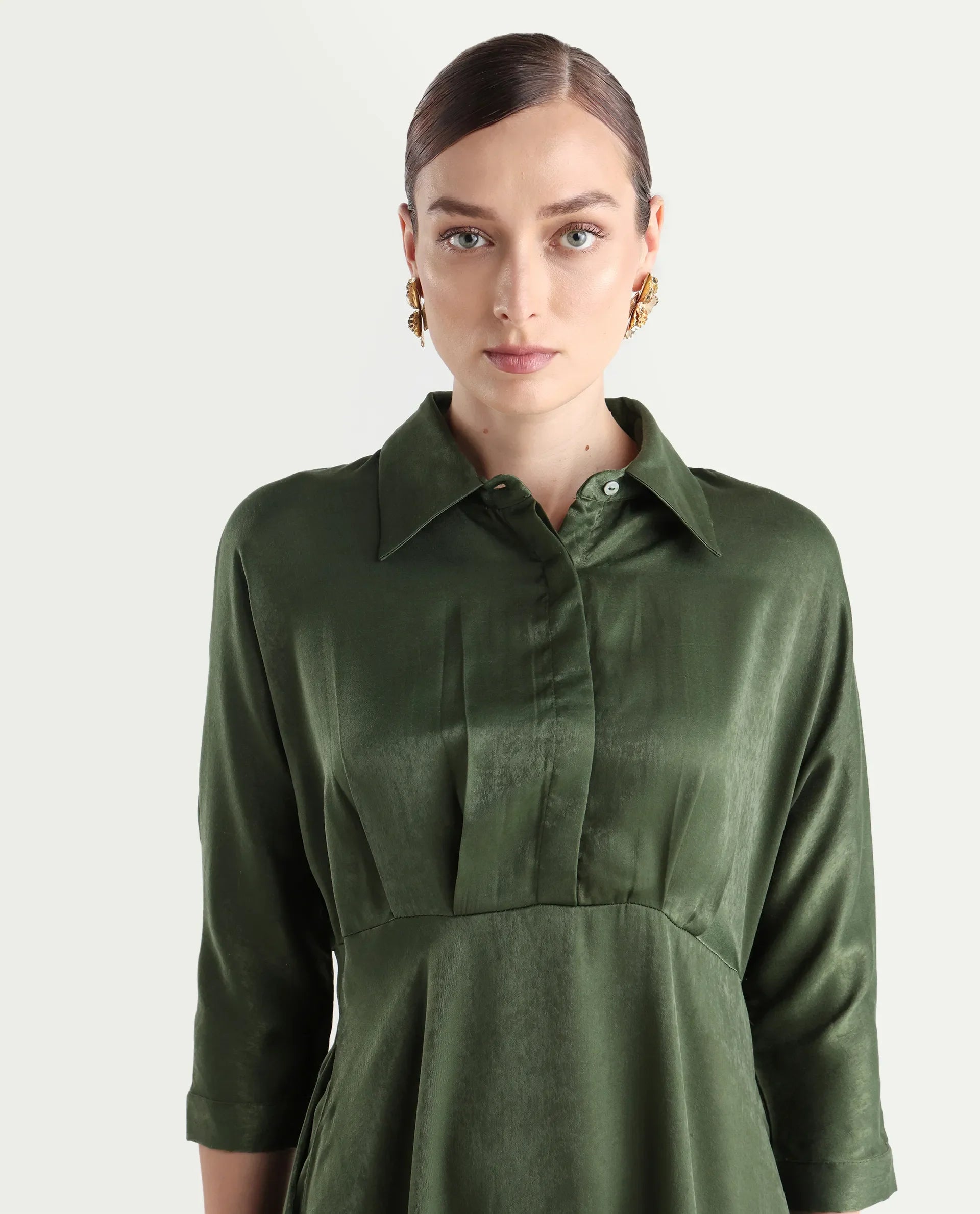 Rareism Women's Airbaz Olive Velvet Spread Collar Plain Kimono Sleeve Midi A-Line Dress