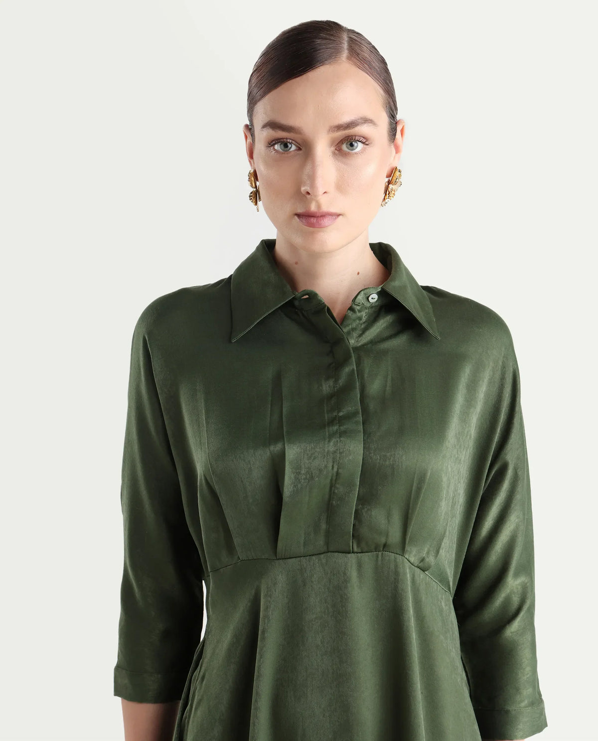 Rareism Women's Airbaz Olive Velvet Spread Collar Plain Kimono Sleeve Midi A-Line Dress