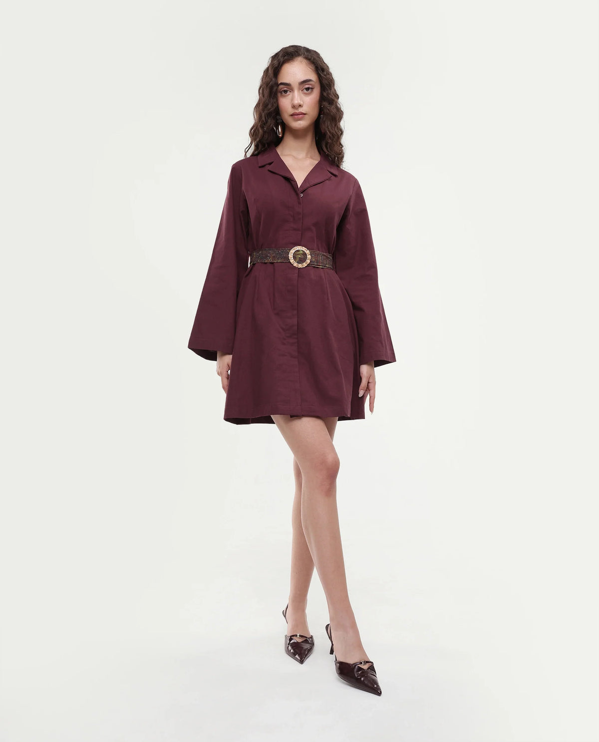 Rareism Women's Alvida Brown Cotton Lapel Neck Plain Mini A-Line Dress