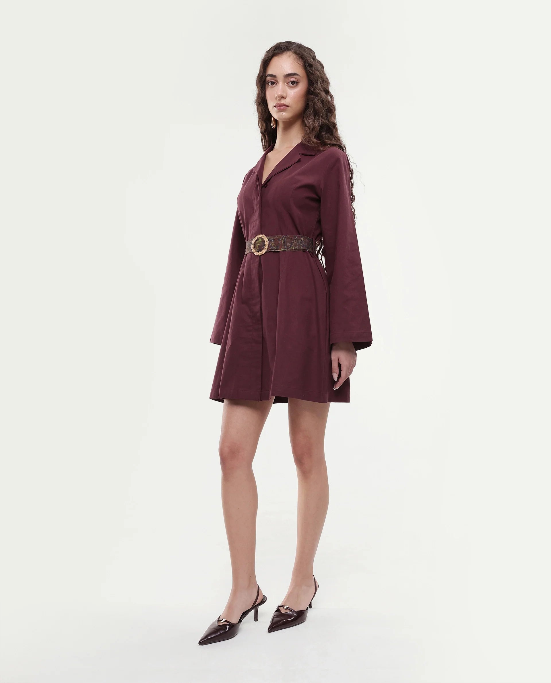 Rareism Women's Alvida Brown Cotton Lapel Neck Plain Mini A-Line Dress