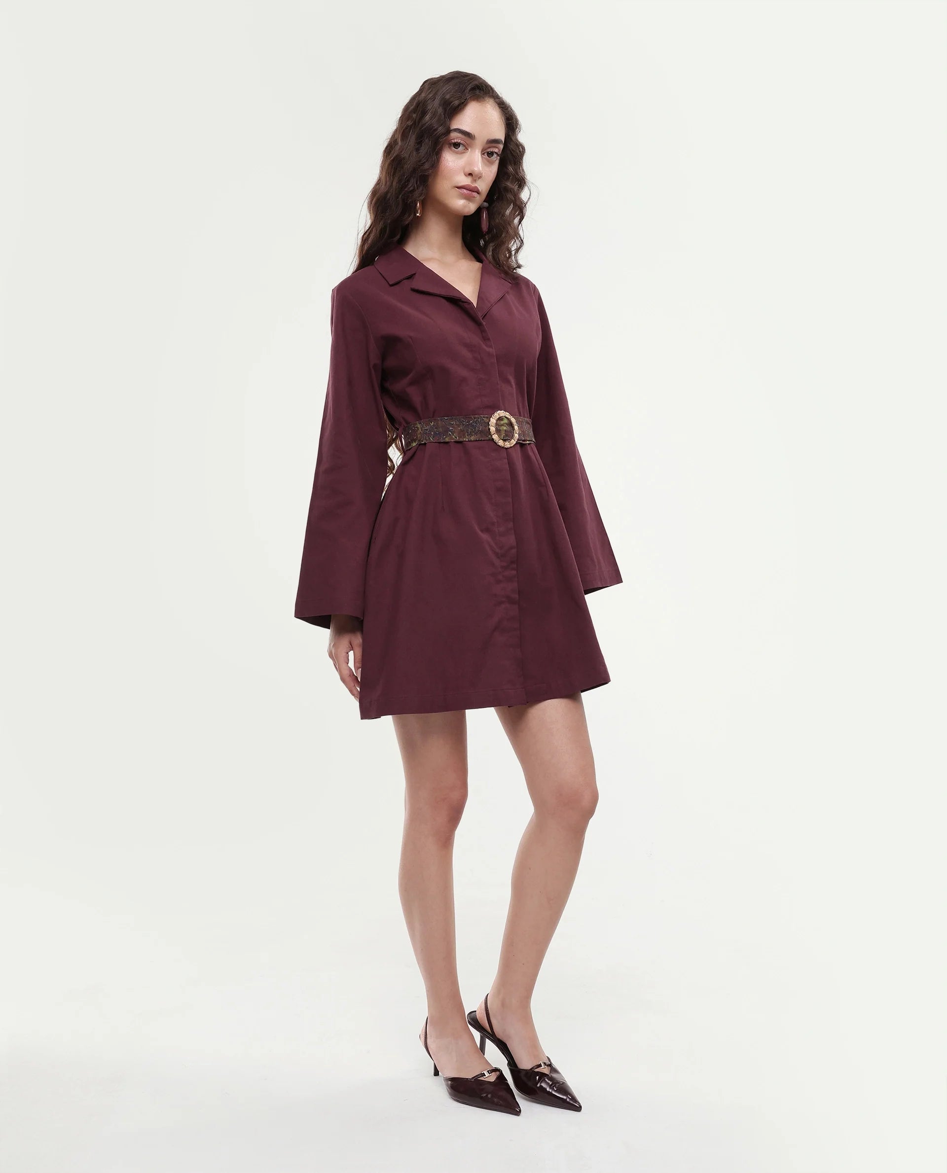 Rareism Women's Alvida Brown Cotton Lapel Neck Plain Mini A-Line Dress