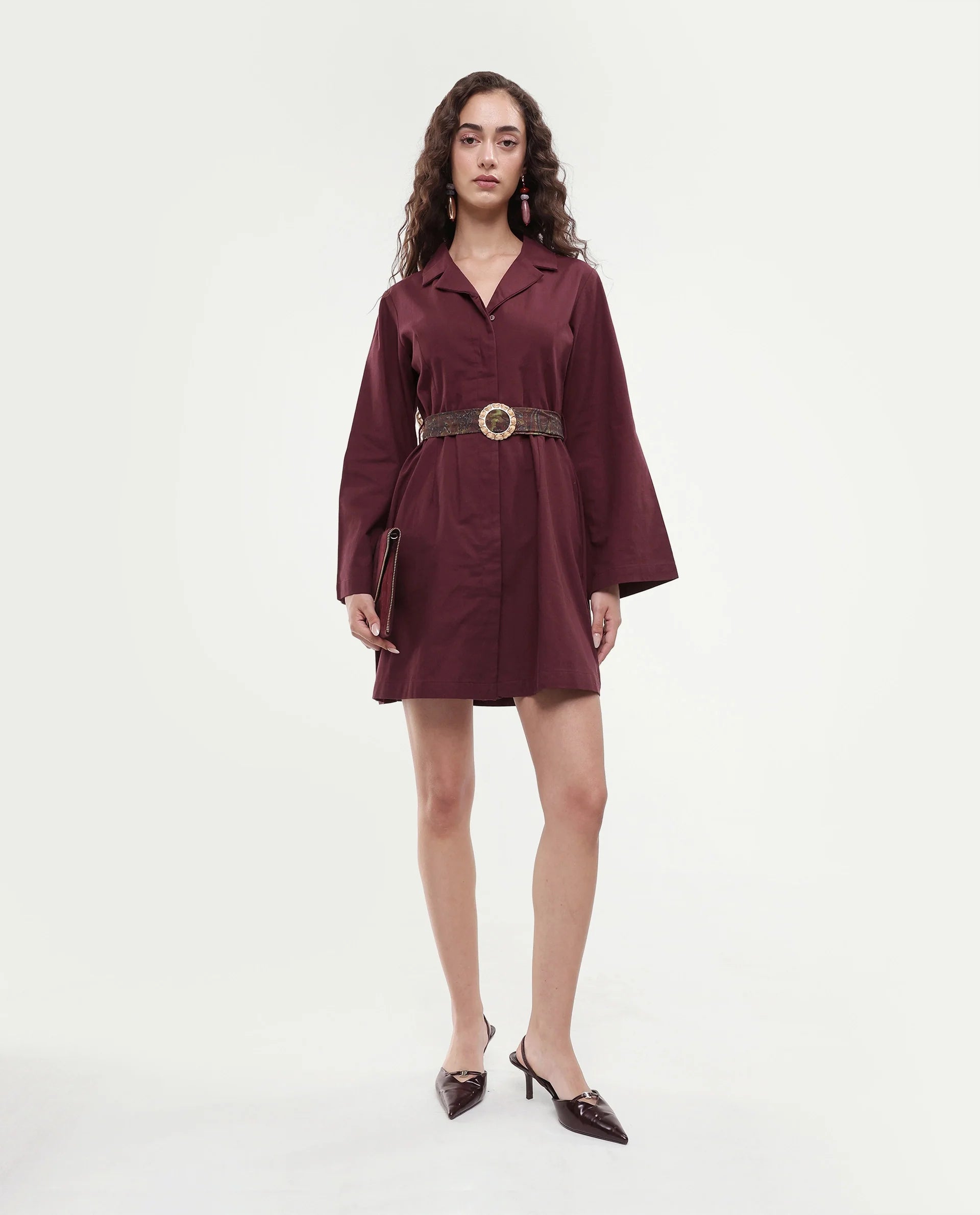 Rareism Women's Alvida Brown Cotton Lapel Neck Plain Mini A-Line Dress