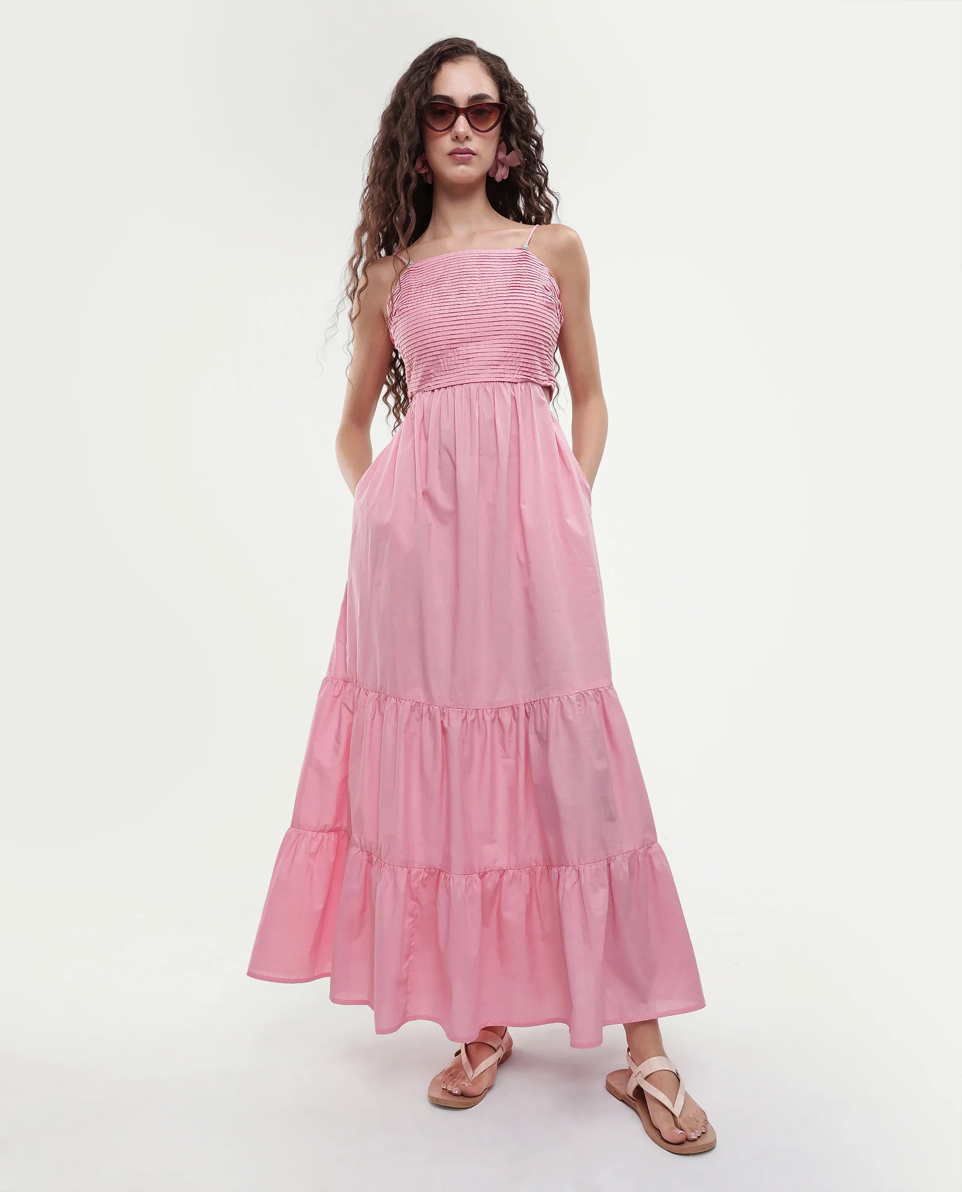 Rareism Women's Schor Pink Cotton Shoulder Strap Plain Maxi Fit And Flare Dress