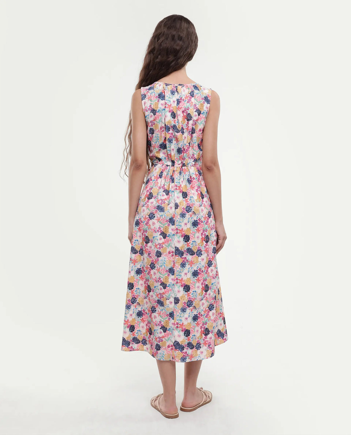 Rareism Women's Rinaf Multi Satin Round Neck Floral Print Sleeveless Midi Fit And Flare Dress